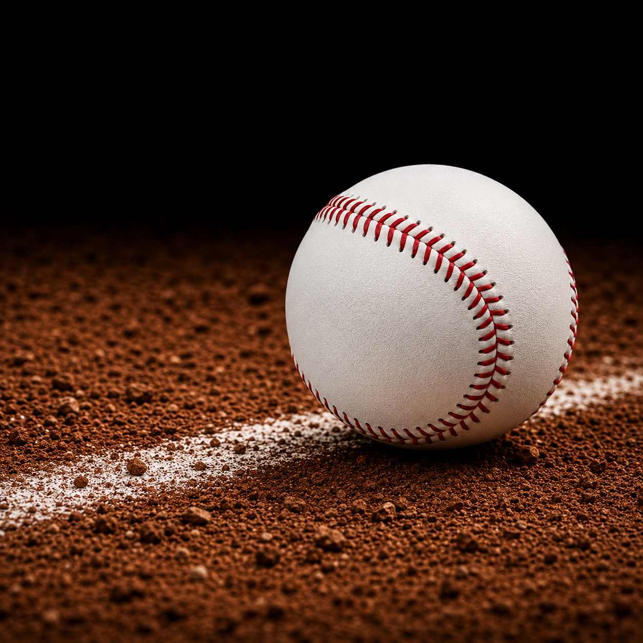 A close-up of a white baseball with red stitches on a dirt field with a white chalk line.