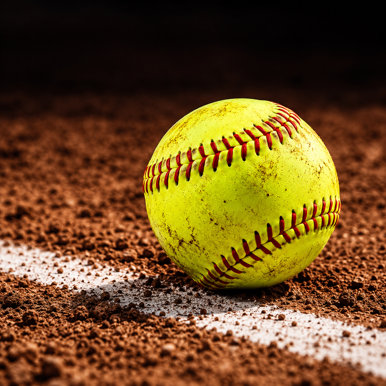 A yellow softball with red stitching sitting on a dirt field with a white line.