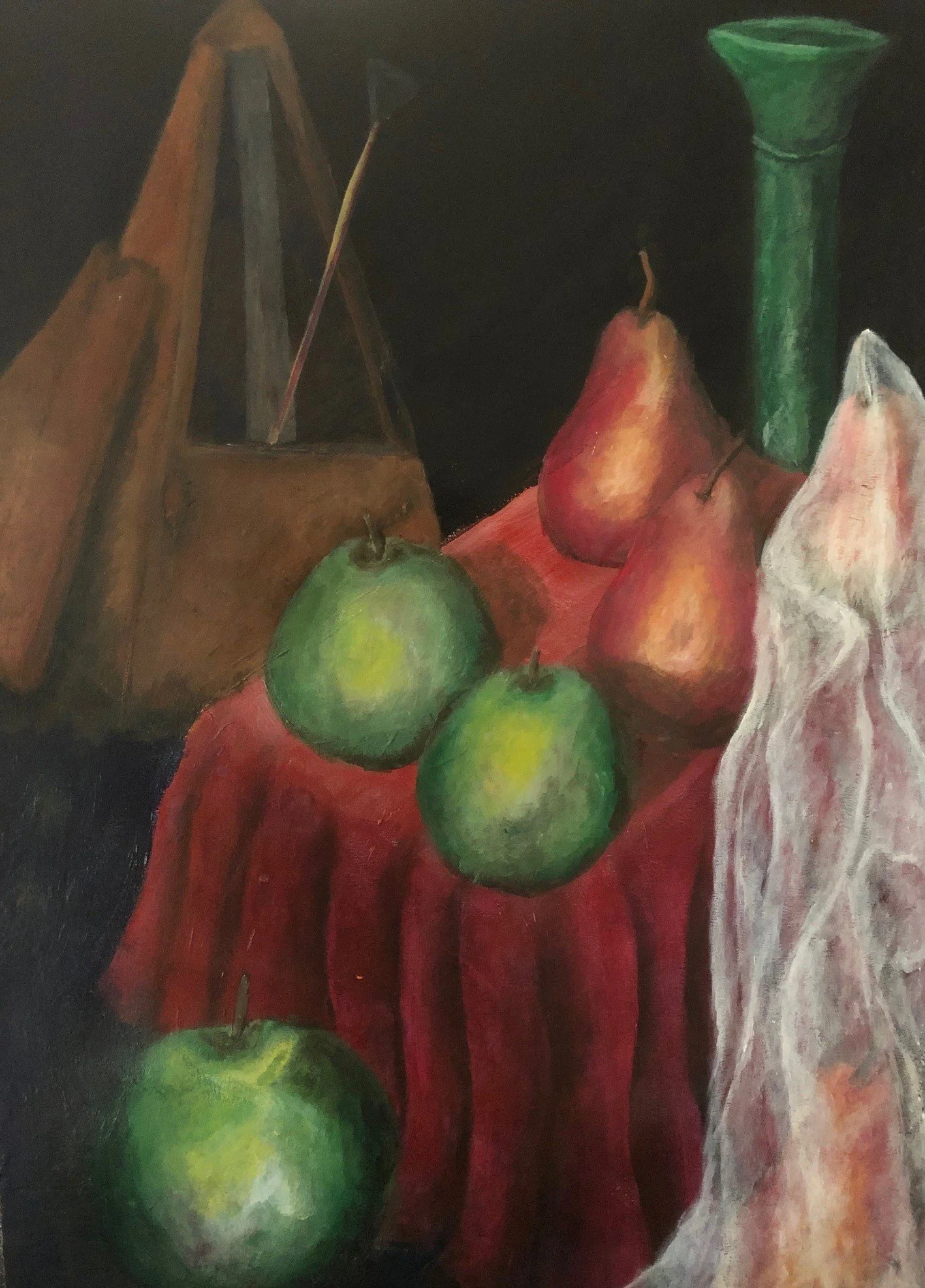 Fruit, candlestick and metronome.  Acrylic on paper.jpg