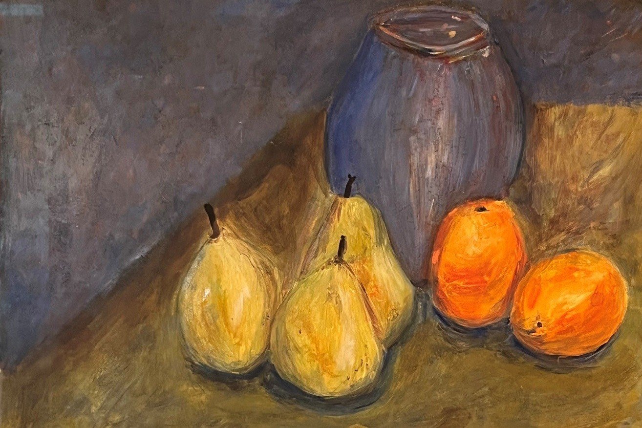 Three pears and two oranges.  Acrylic on paper.jpg