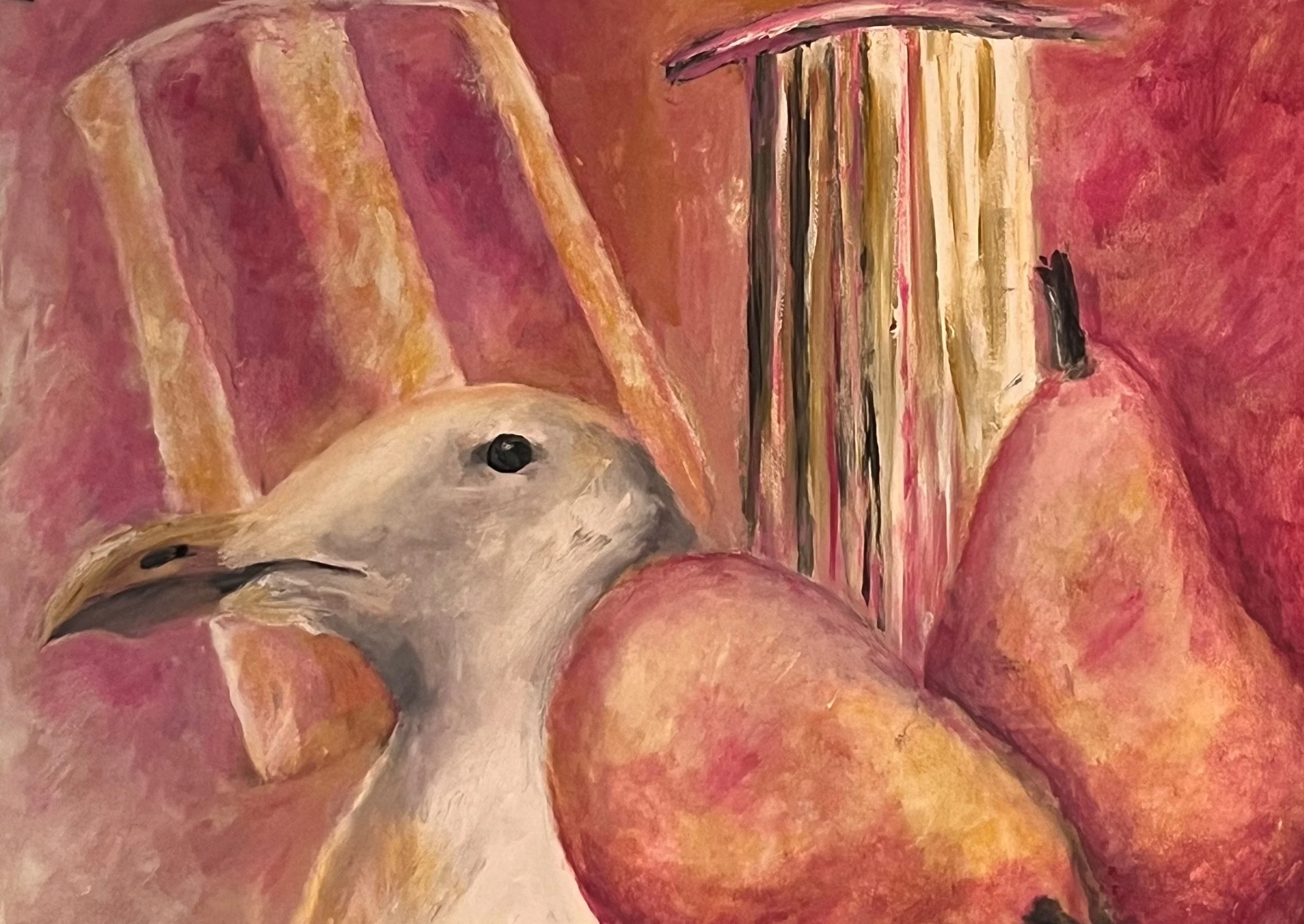 Seagull and two pears.  Acrylic on paper.jpg