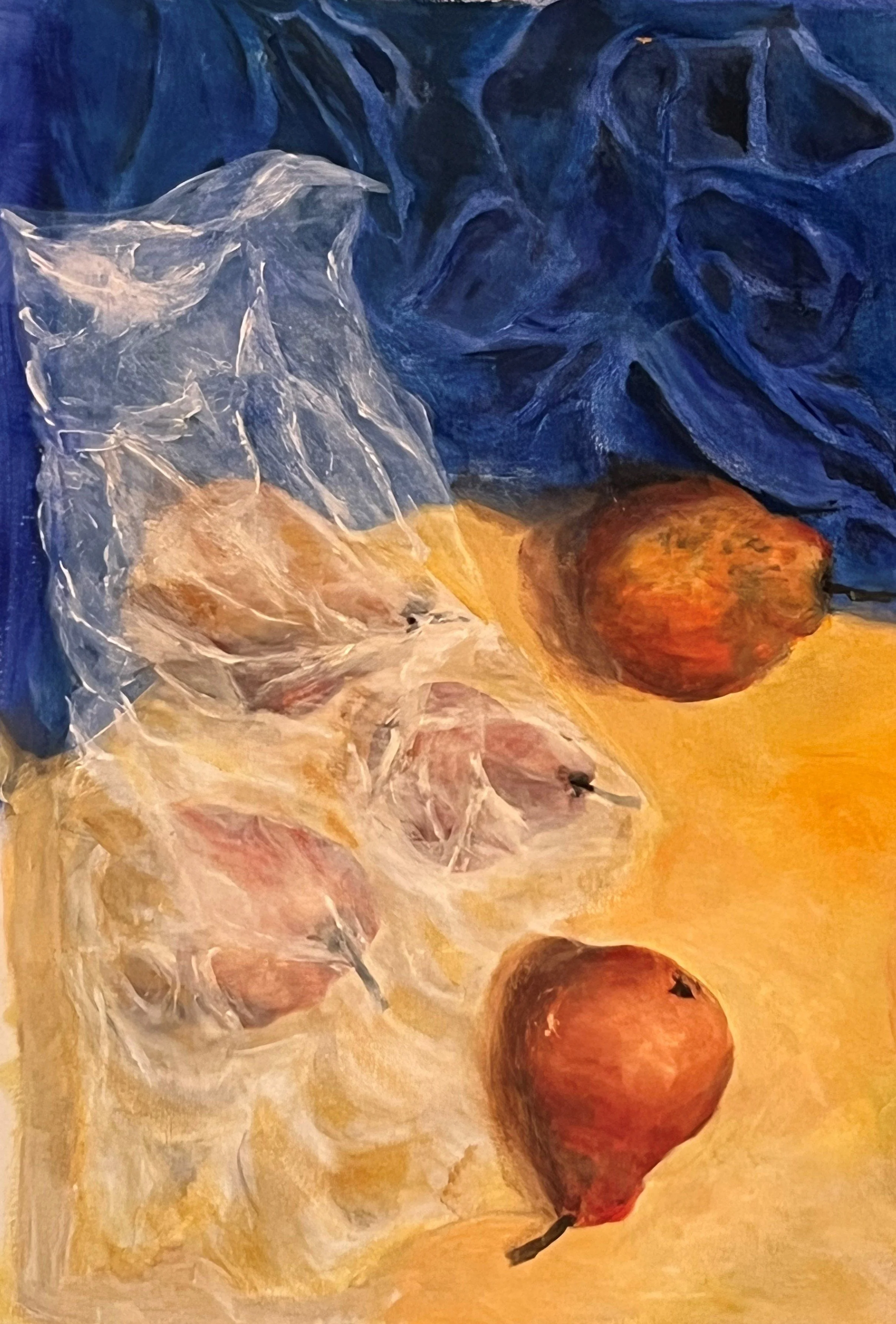Pears and plastic bage.  Acrylic on paper.jpg