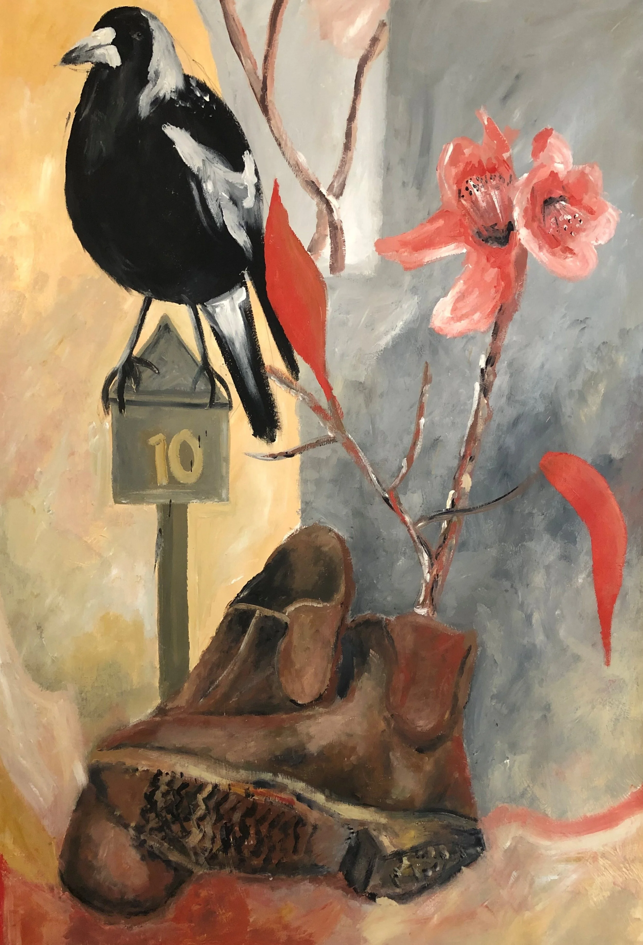 Magpie and Boots.  Acrylic on paper.jpg