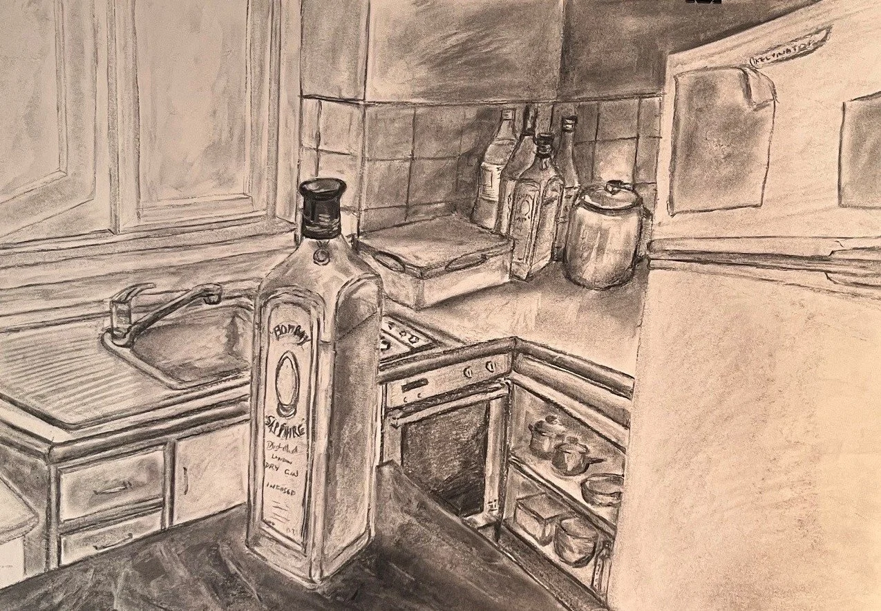 Kitchen and gin bottle. Charcoal on paper.jpg