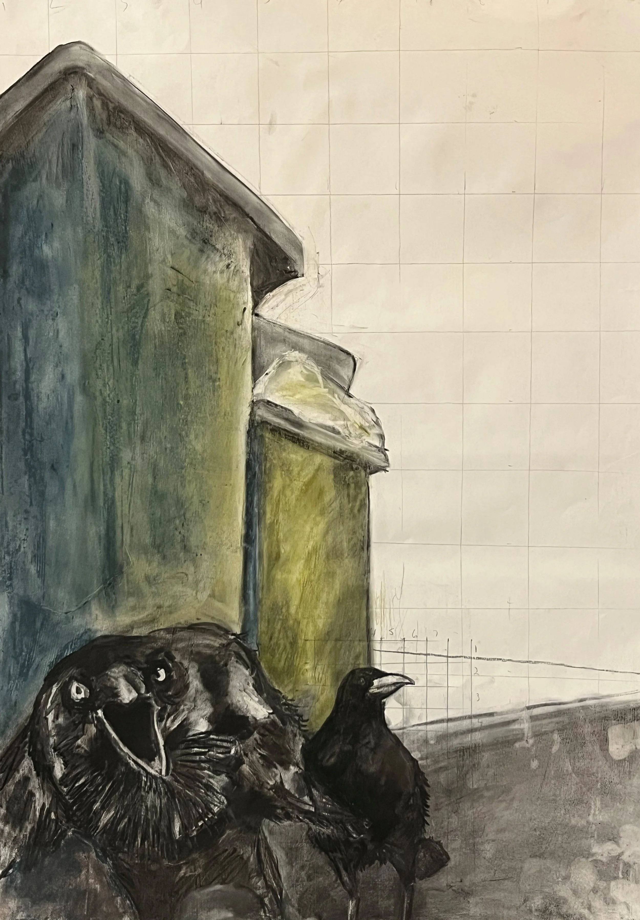 Bins and crows.  Graphite and charcoal on paper.jpg