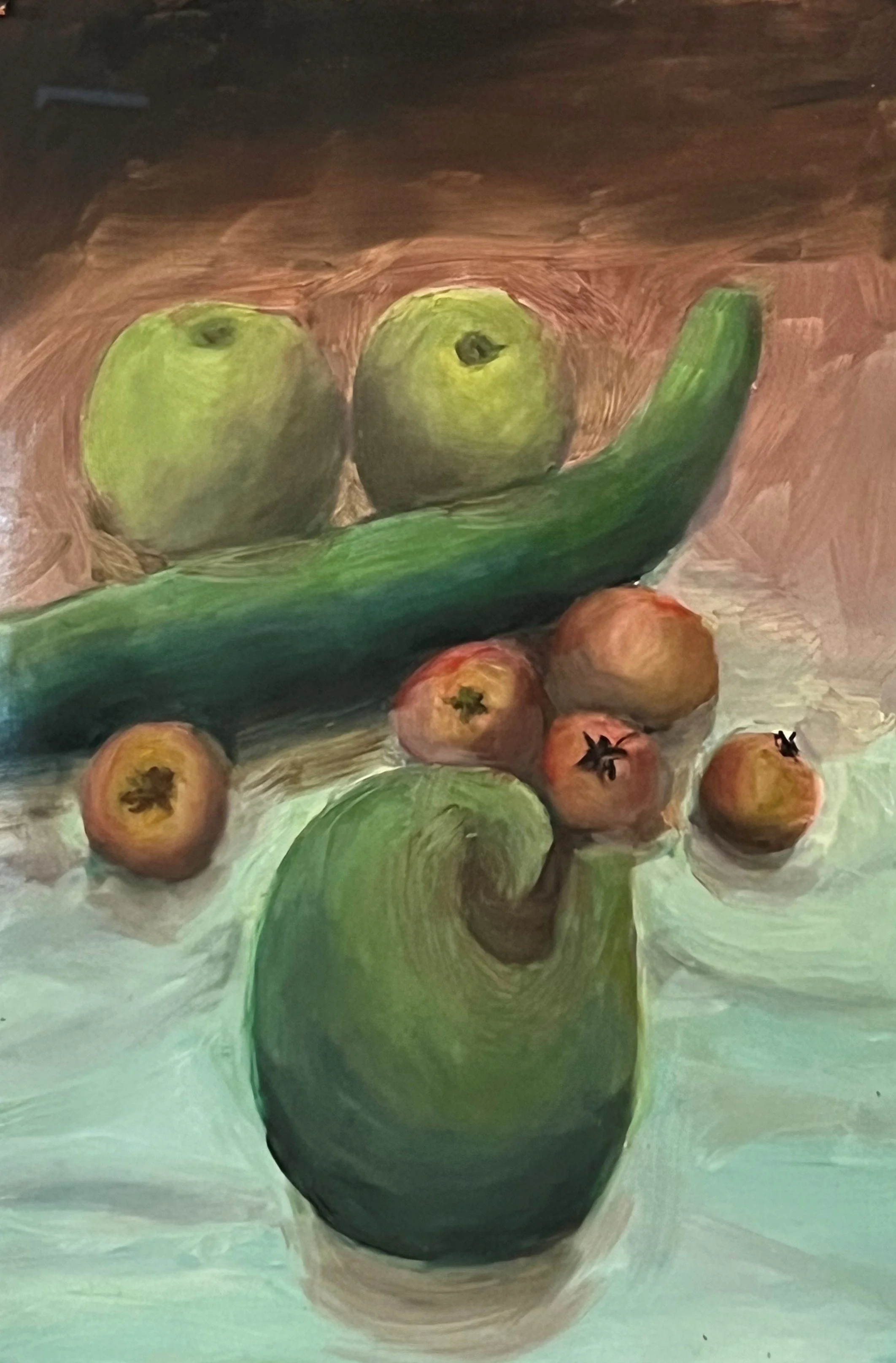 Apples and cucumber.  Oils on paper.jpg