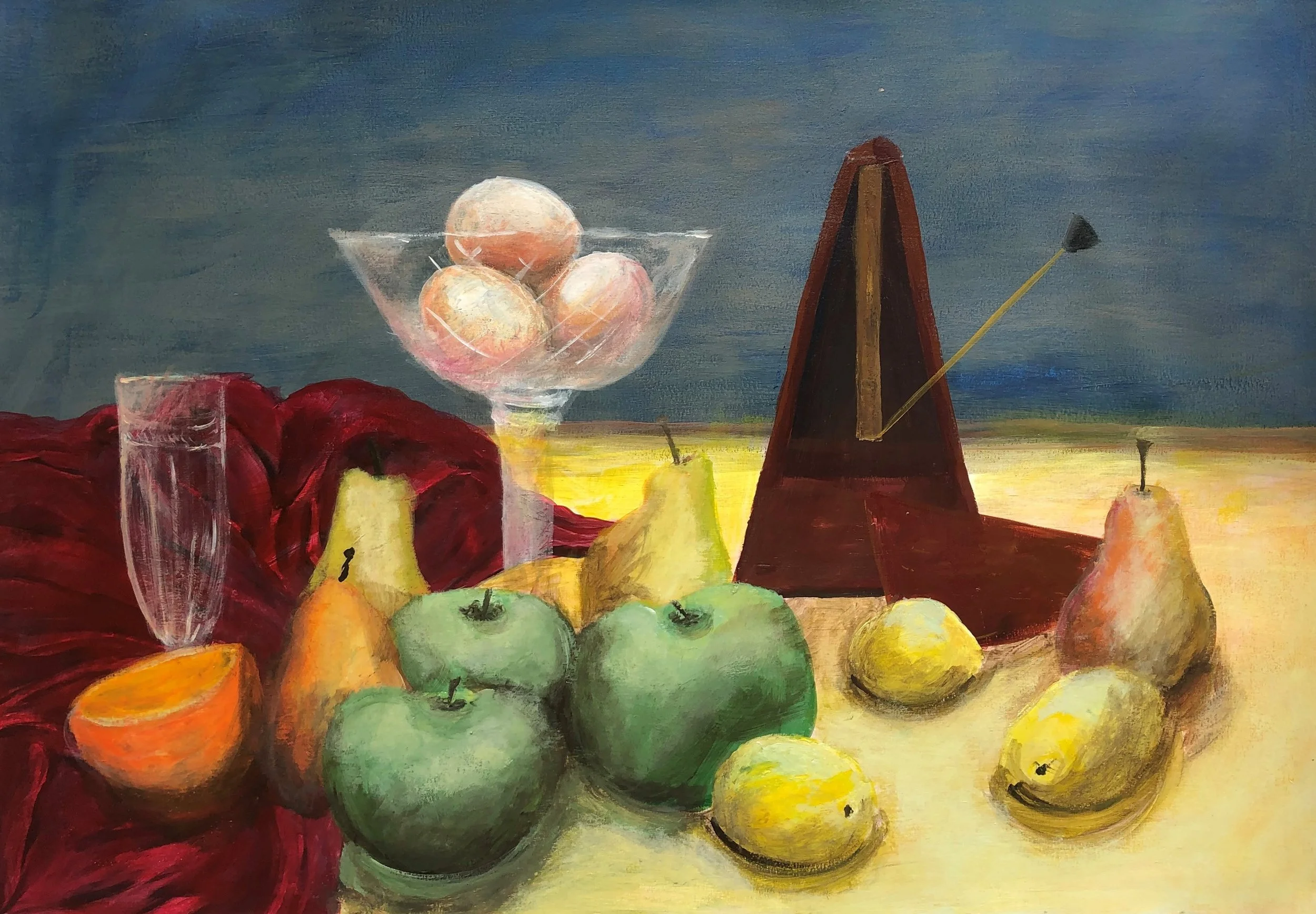 Eggs, fruit and metronome.  Acrylic on paper.jpg