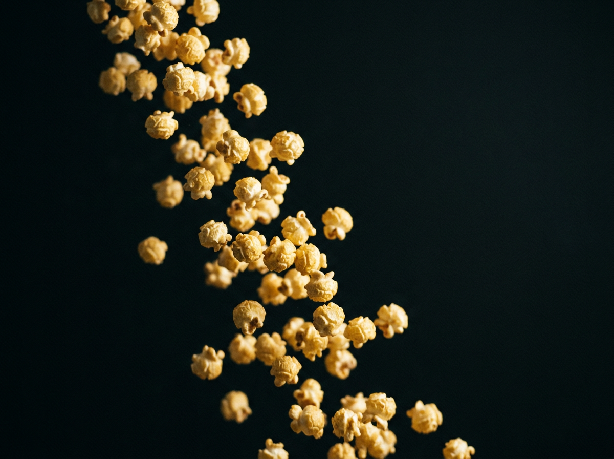 Popcorn kernels falling against a dark background.