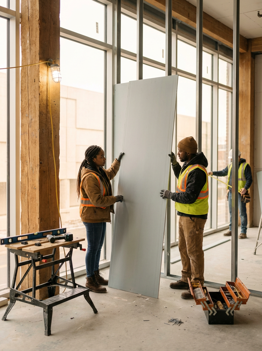 Three construction workers installing a large white panel in a building with large windows and wooden framing. Two workers are holding the panel, and one is measuring in the background.