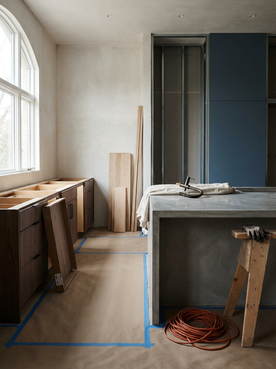 Interior of a kitchen under construction with cabinetry, construction materials, and tools visible.
