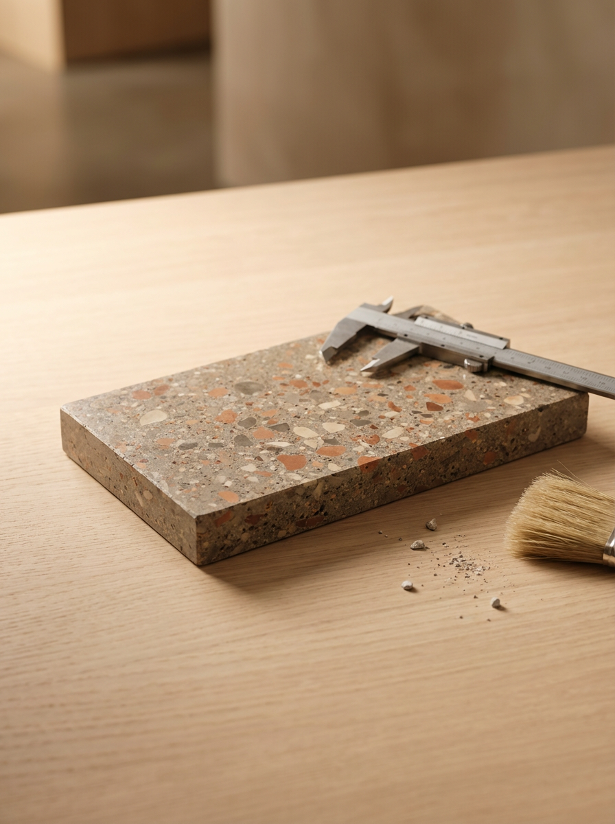 Caliper measurement tool on a concrete slab with small chips and a paintbrush on a wooden surface.