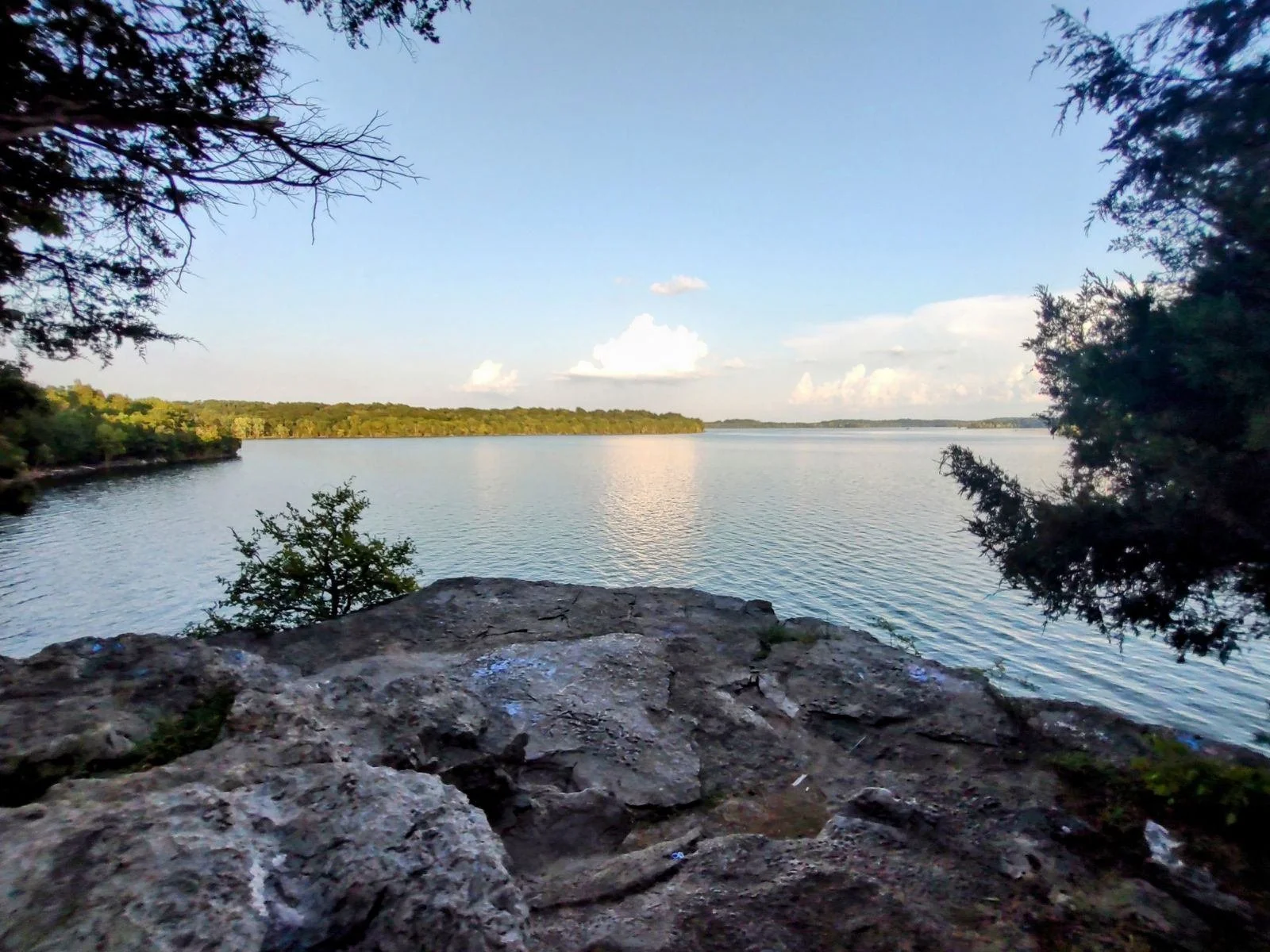 View of a river or lake surrounded by trees, with a rocky ledge and some branches framing the scene, under a partly cloudy sky during daytime.