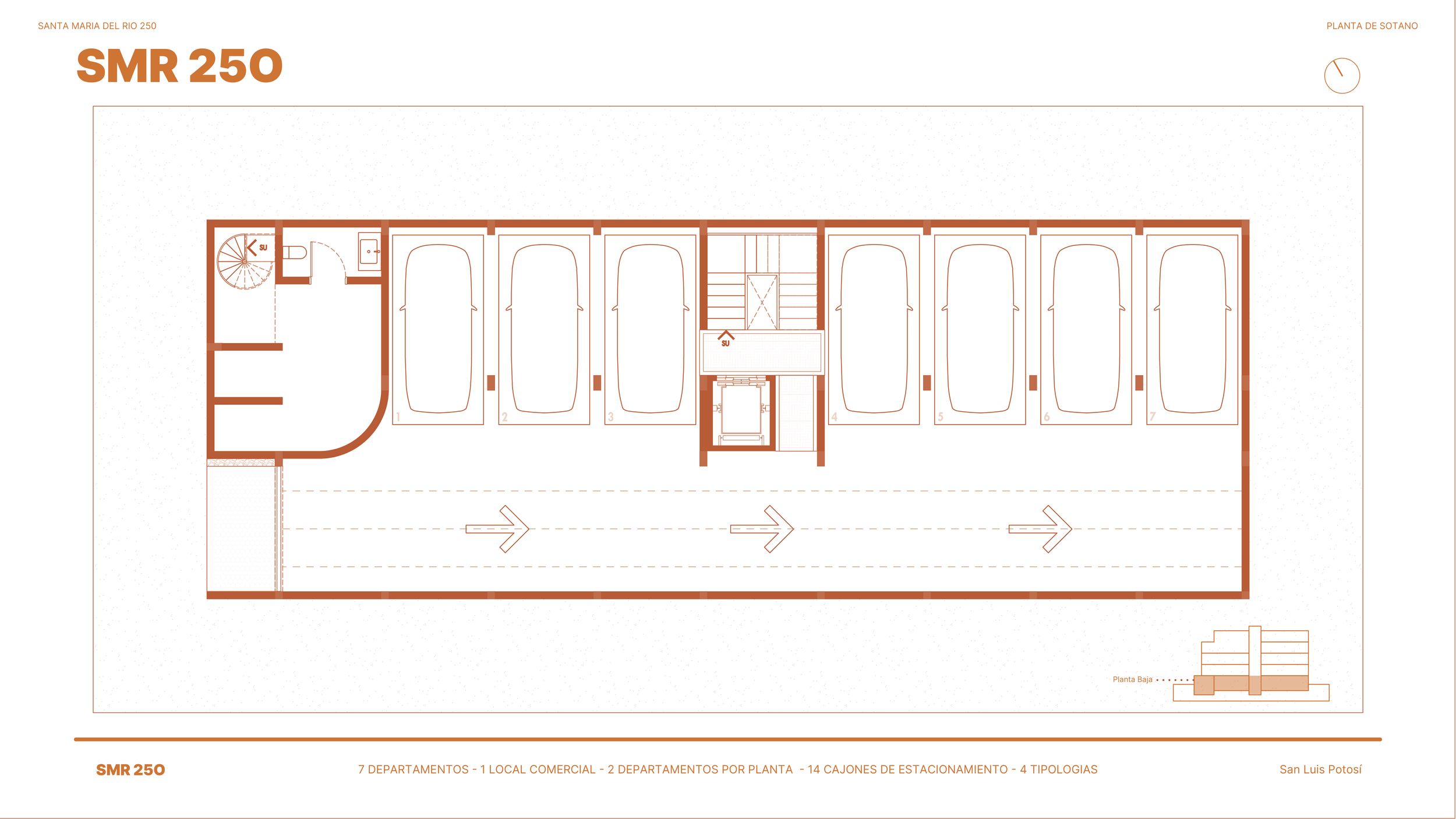 Plano del sótano de un edificio con siete departamentos, un local comercial, cajones de estacionamiento y otras áreas, con indicaciones de circulación y escaleras.