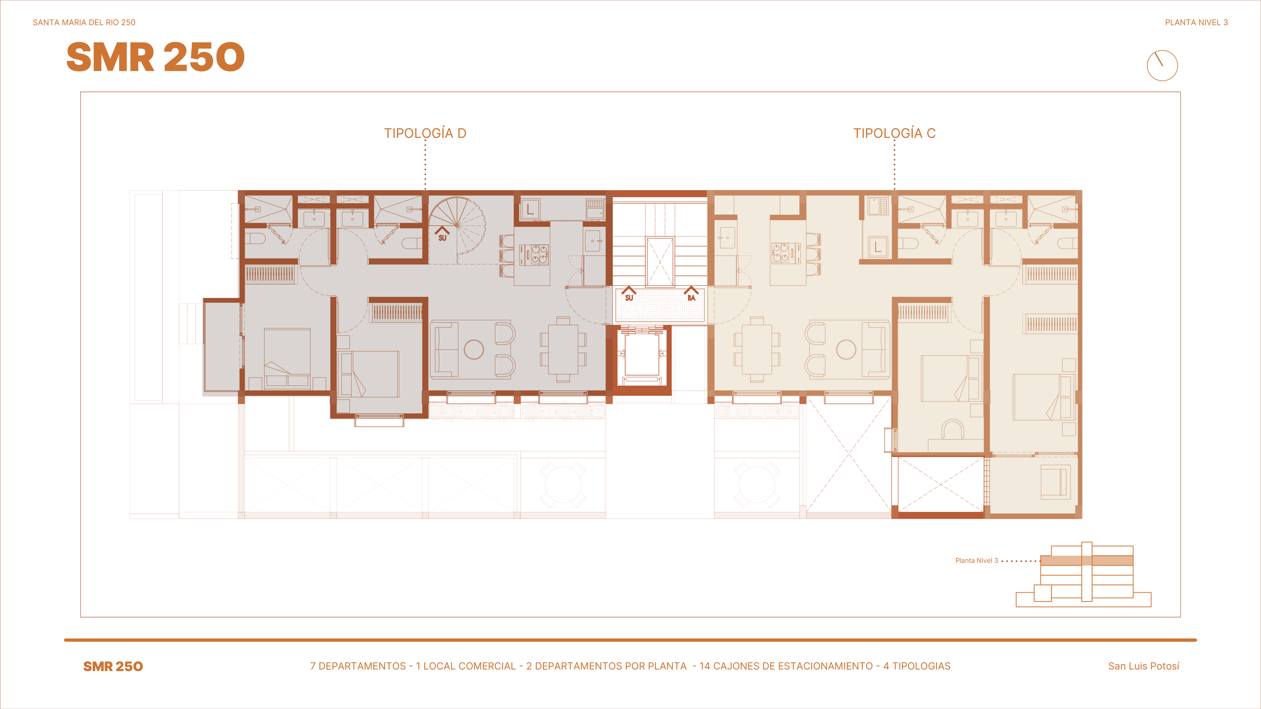 Plano arquitectónico de un edificio residencial en nivel 3. Incluye departamentos y áreas comunes, con detalles de distribución y señalización de tipos de departamentos y estacionamientos.