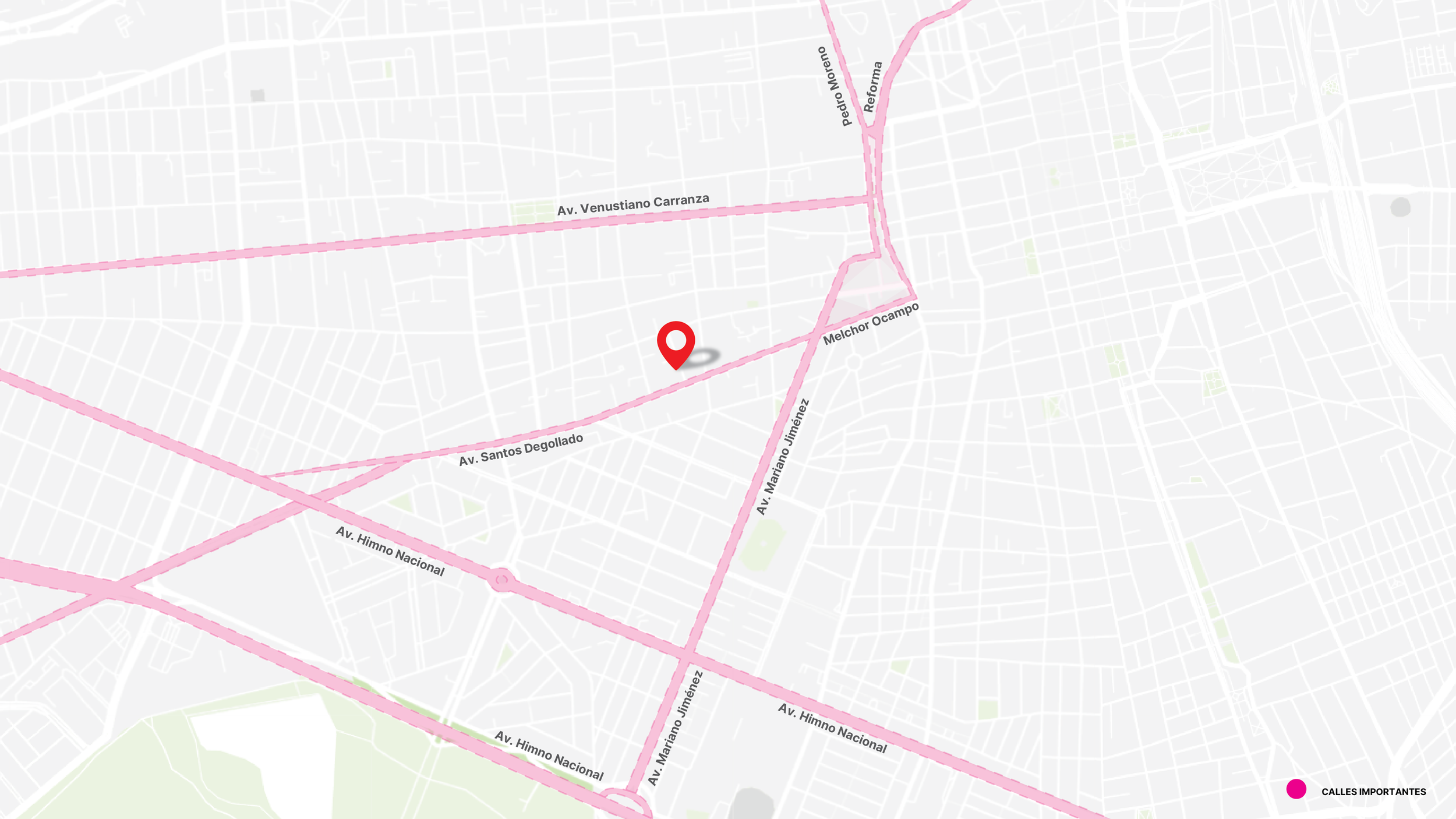 Mapa de una ciudad con calles principales y algunas avenidas importantes, como Avenida Venustiano Carranza, Aviación Mexicana, y calles como Melchor Ocampo, con puntos destacados en rosa y uno importante en negro.