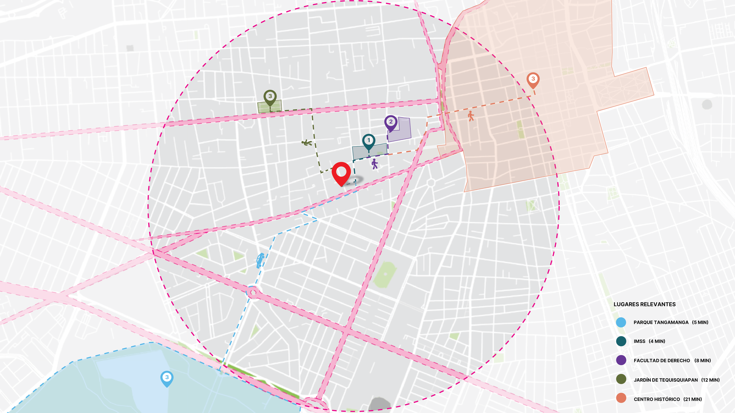 Mapa con diferentes lugares relevantes señalados por colores, incluyendo parques, instituciones y zonas históricas.