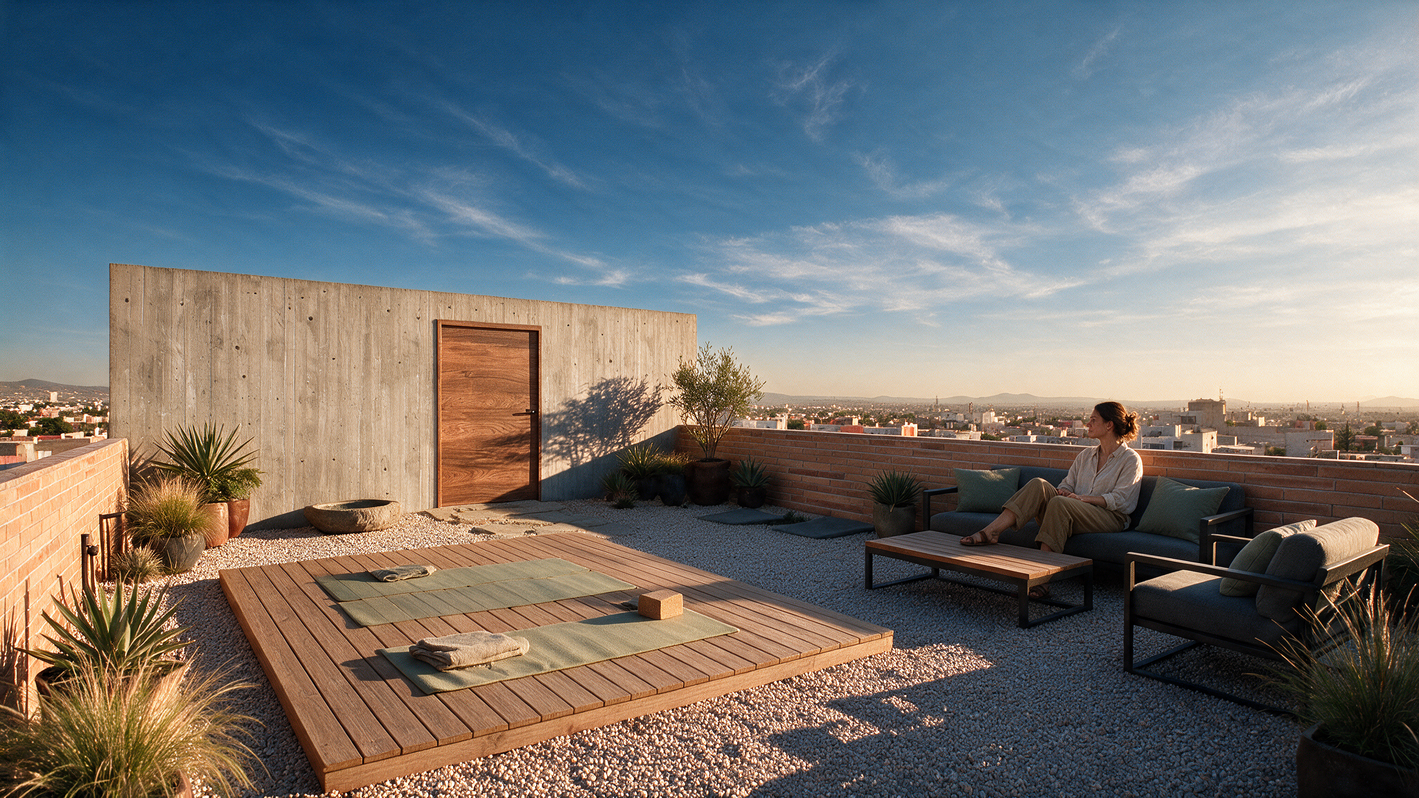 Terraza en la azotea con muebles de exterior, plantas, y una mujer sentada en un sillón mirando hacia la ciudad durante el atardecer.