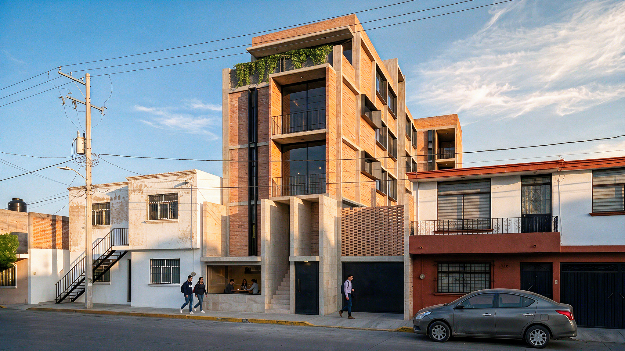 Edificio moderno de varios pisos con fachadas de ladrillo y ventanas grandes, en una calle con algunos peatones y un coche estacionado.