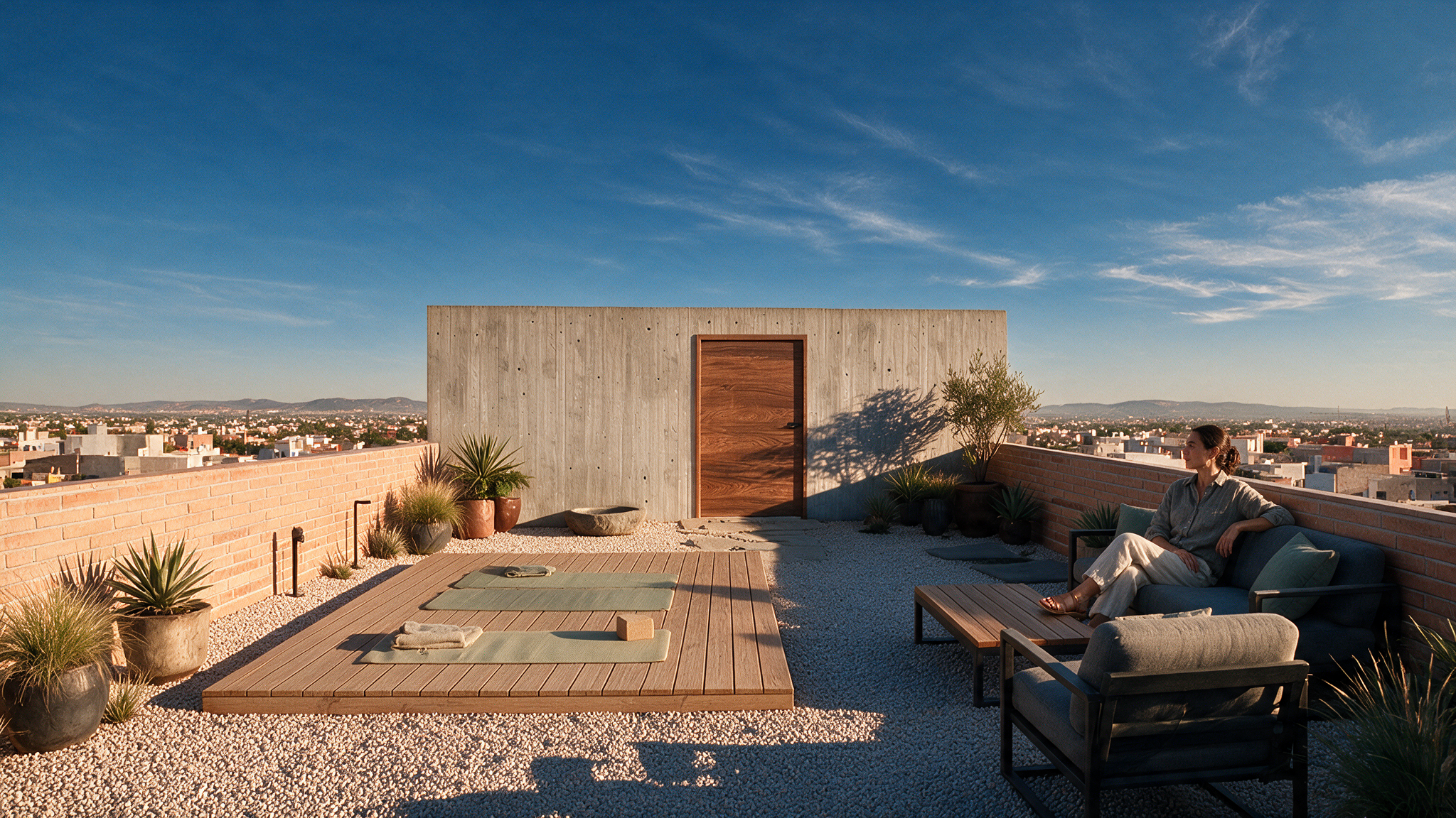 Sala de terraza en la azotea con sillón, mesa con cojines, plantas en macetas, paredes de ladrillo, cerros en el fondo y cielo despejado con algunas nubes.