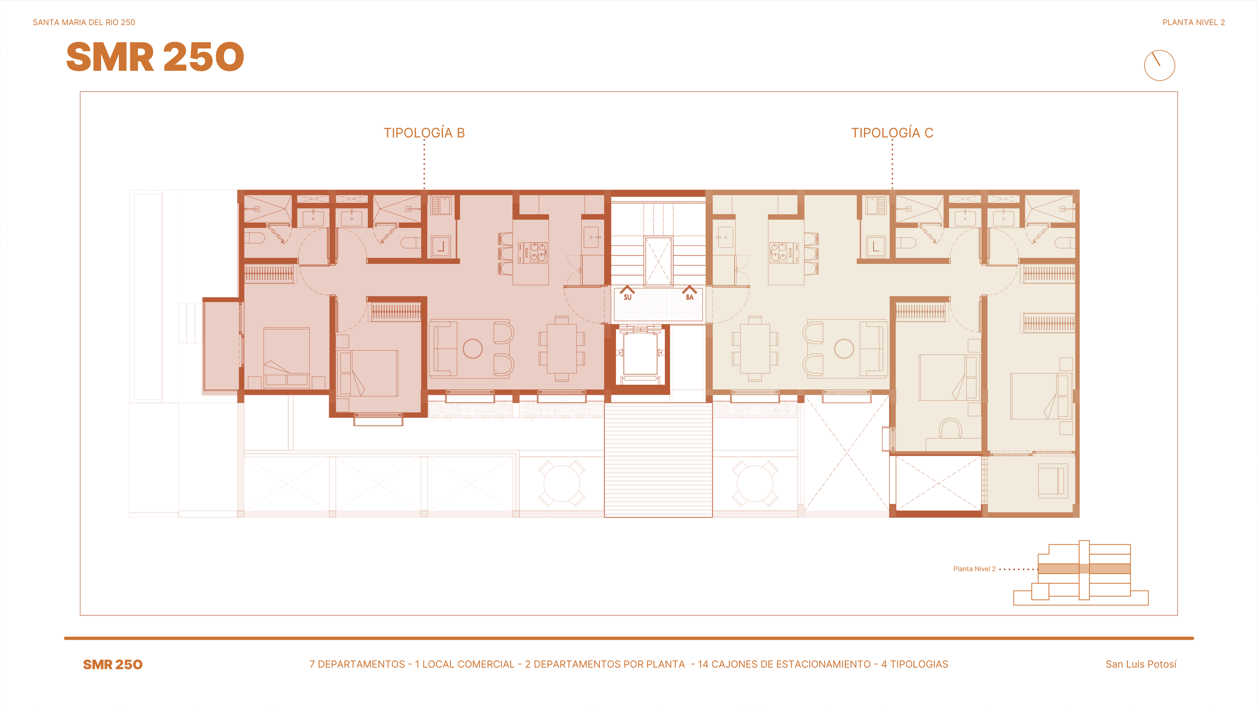 Plano arquitectónico de una propiedad residencial en color marrón y beige que muestra diferentes tipos de departamentos y áreas comunes, incluyendo cocinas, salas y dormitorios, con etiquetas en español.