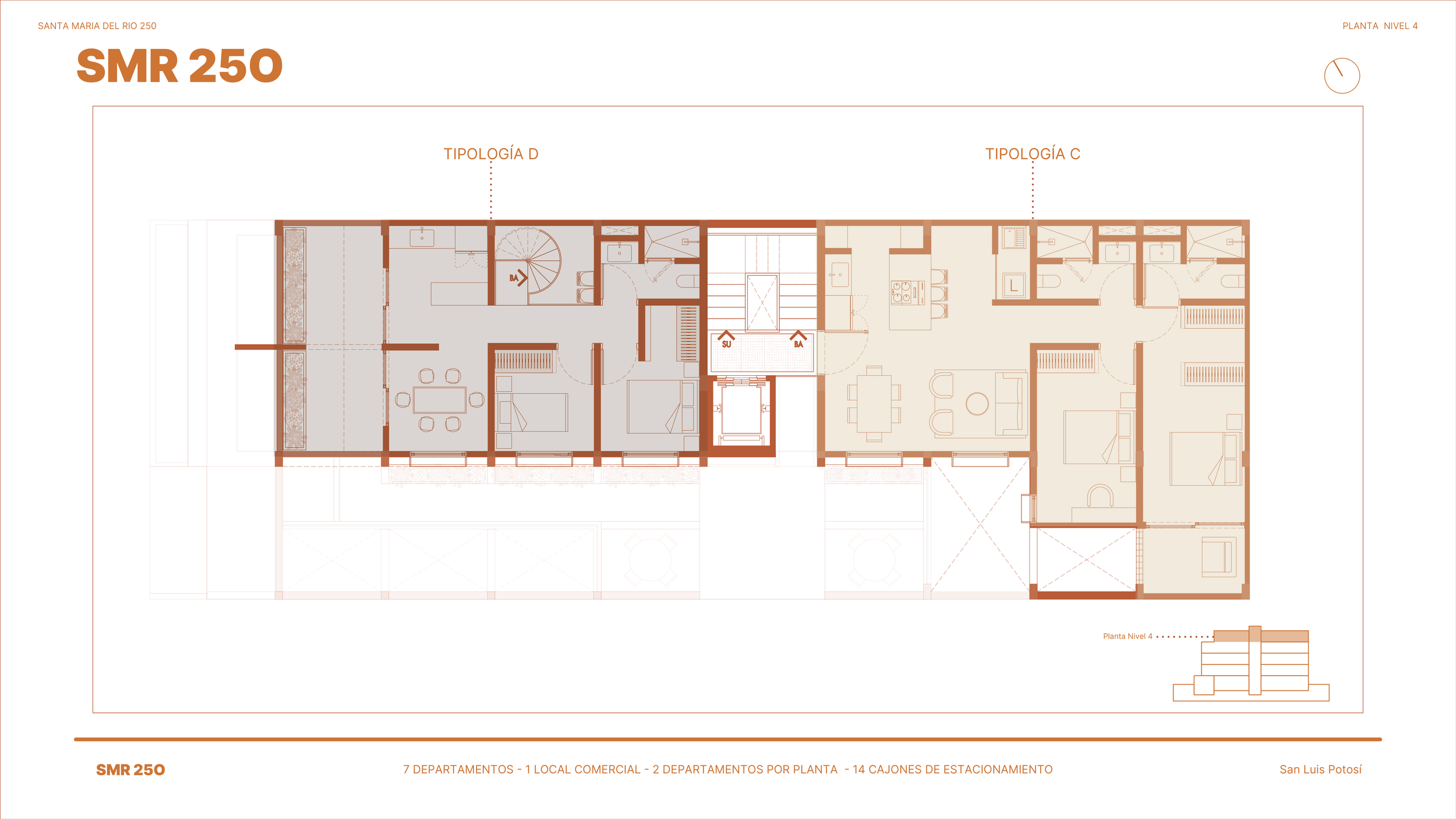 Plano arquitectónico de un edificio de departamentos con siete unidades, una zona comercial, y catorce cajones de estacionamiento, resaltando las áreas comunes, escaleras y distribución de habitaciones.