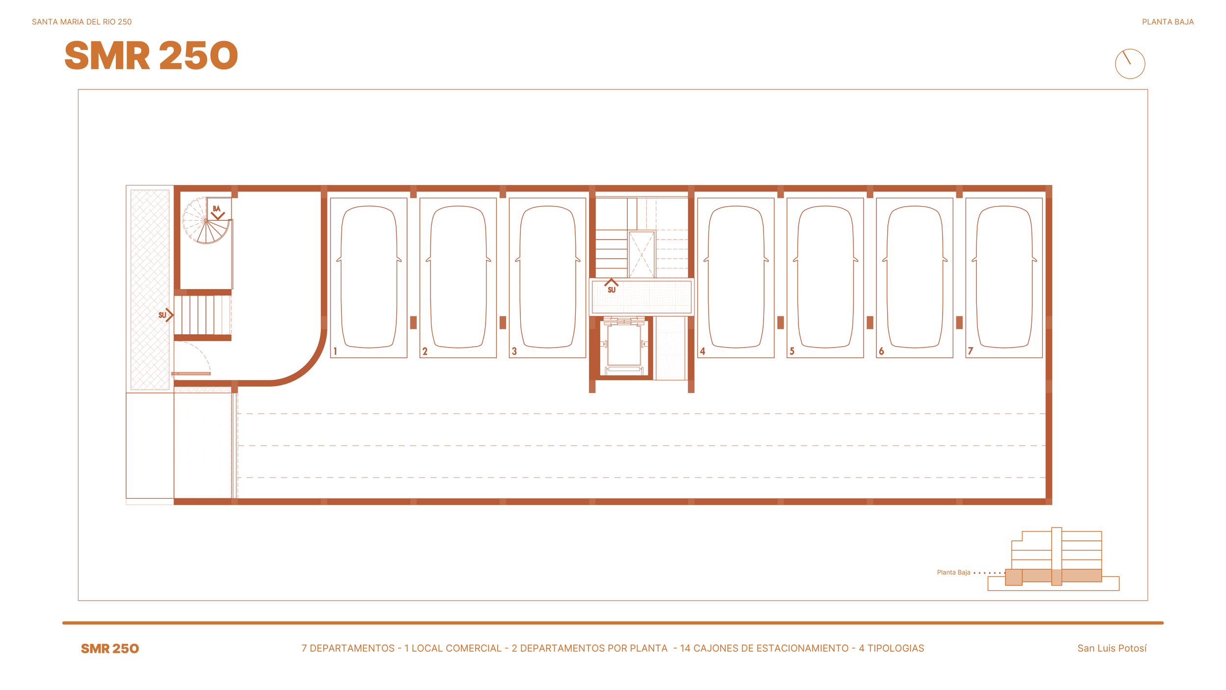 Plano de planta del sótano de un edificio con estacionamiento, 7 departamentos, una entrada comercial, elevadores, escaleras y áreas de acceso, con detalles de distribución y numeración de espacios.