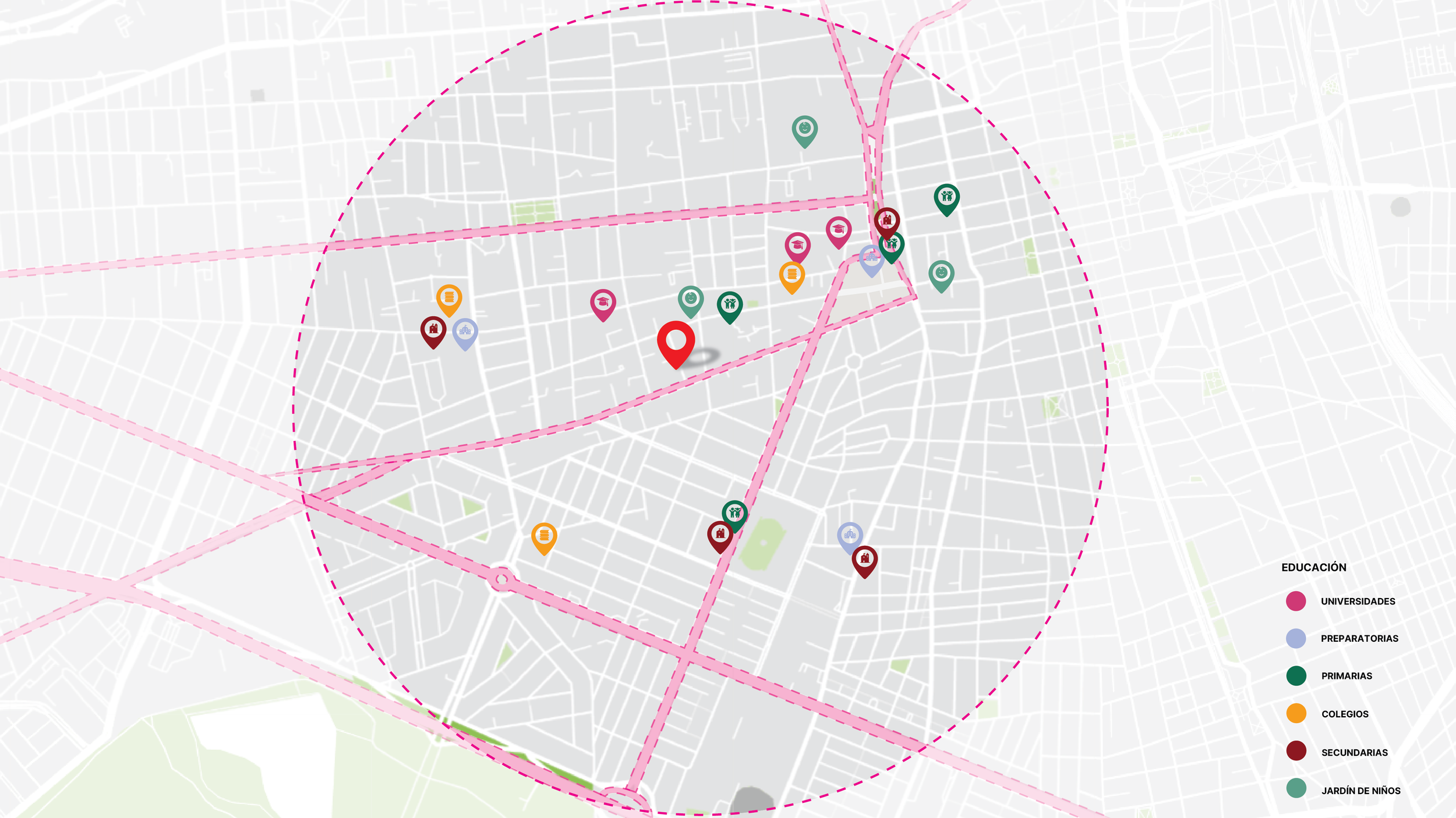 Mapa urbano con diferentes puntos de interés señalados por íconos de colores que representan universidades, preparatorias, primarias, colegios, secundarias y jardines de niños dentro de un área delimitada por líneas rosas y puntos de referencia.