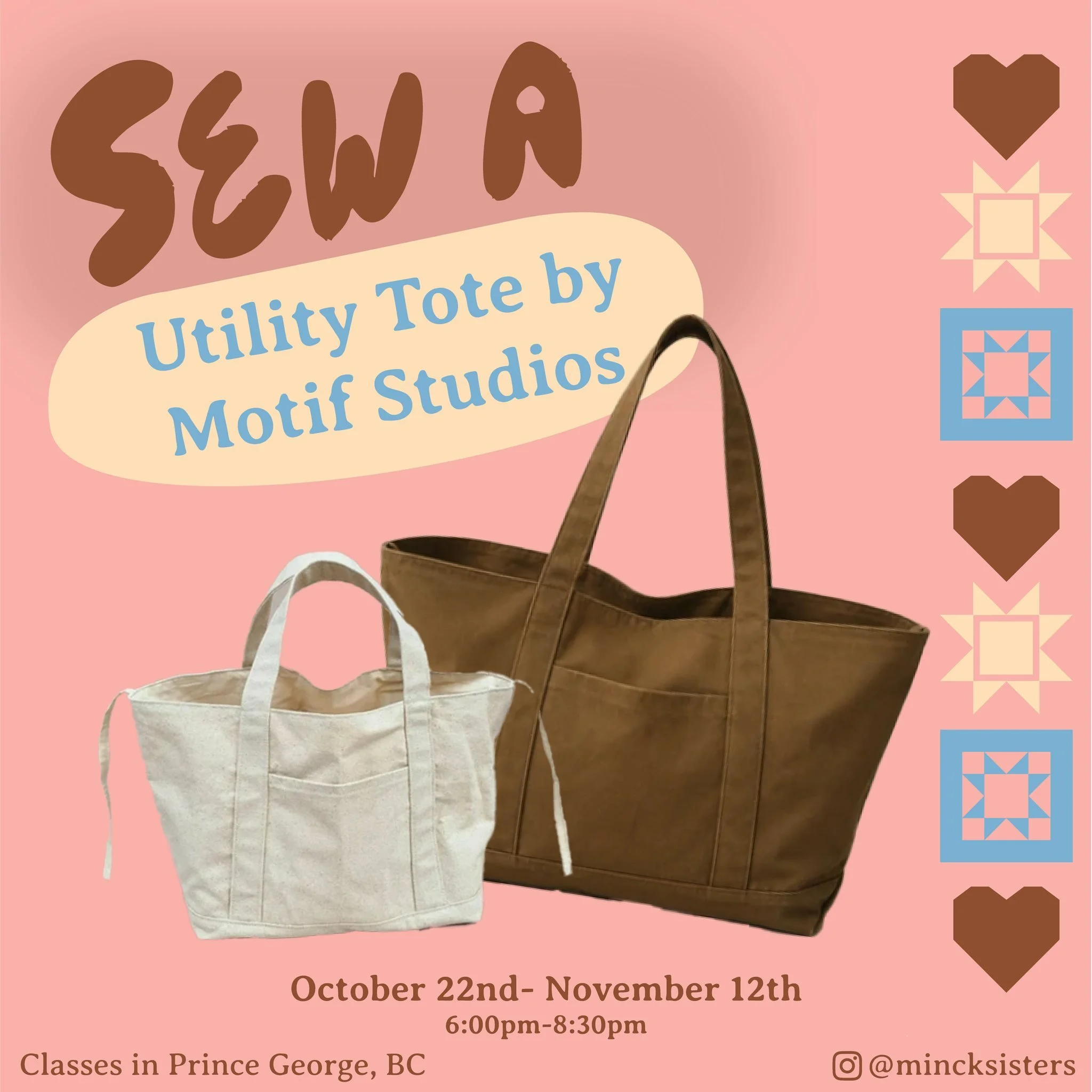 NEW CLASS! 
Motif Studios Utility Tote Sewing Class

Come sew the Utility Tote pattern by Motif Studios with us! Over four weeks, we&rsquo;ll take you through making your own tote from start to finish.

This is a beginner-to-intermediate class and a 
