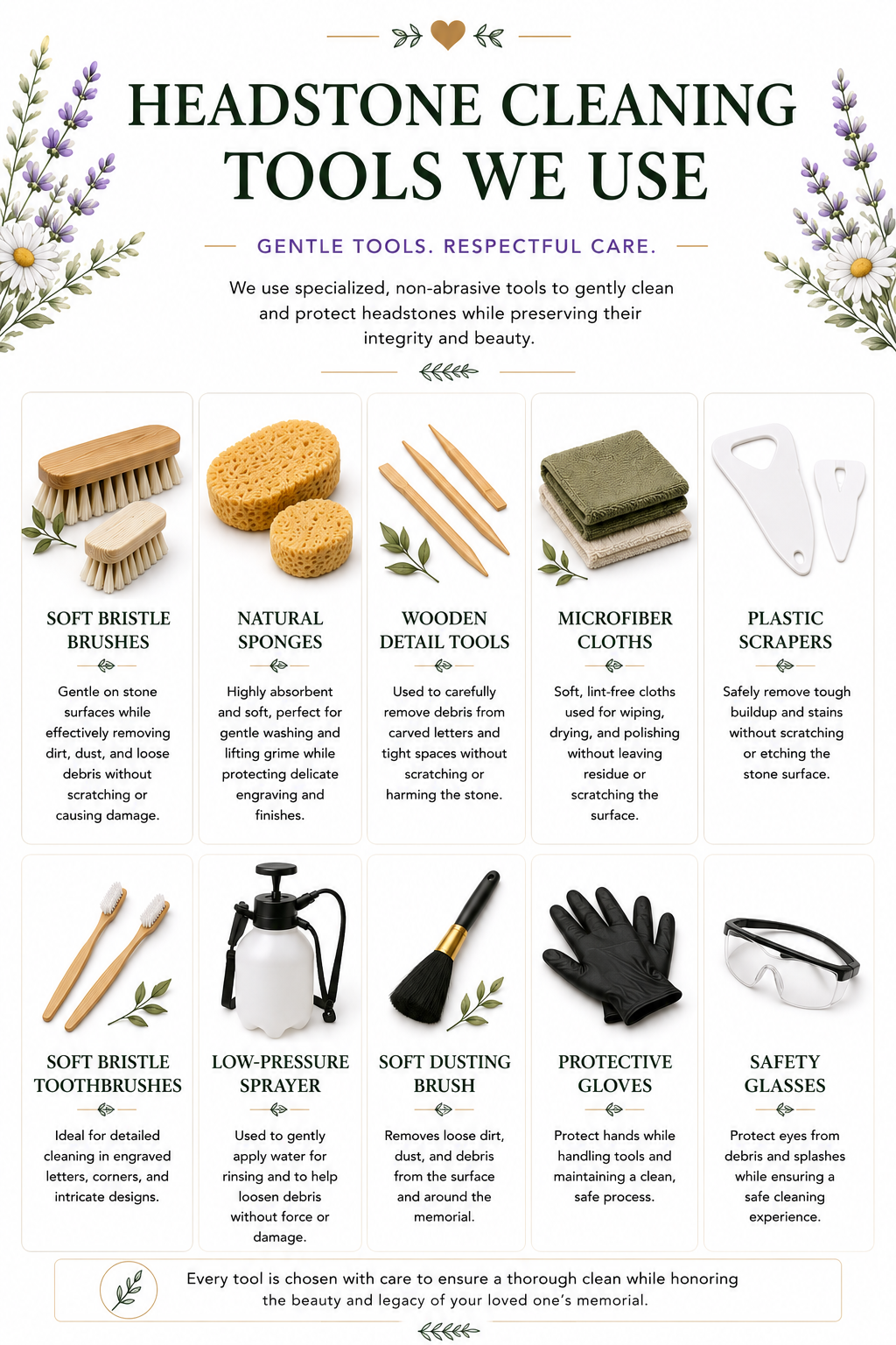 Infographic titled "Headstone Cleaning Tools We Use" with illustrations of various tools and their descriptions for headstone cleaning, surrounded by floral decorations.