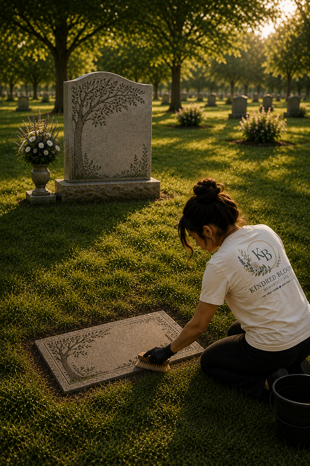 A woman kneels on the grass cleaning a gravestone with a brush in a cemetery during sunset. The cemetery has multiple headstones and is shaded by trees, with sunlight filtering through the leaves.