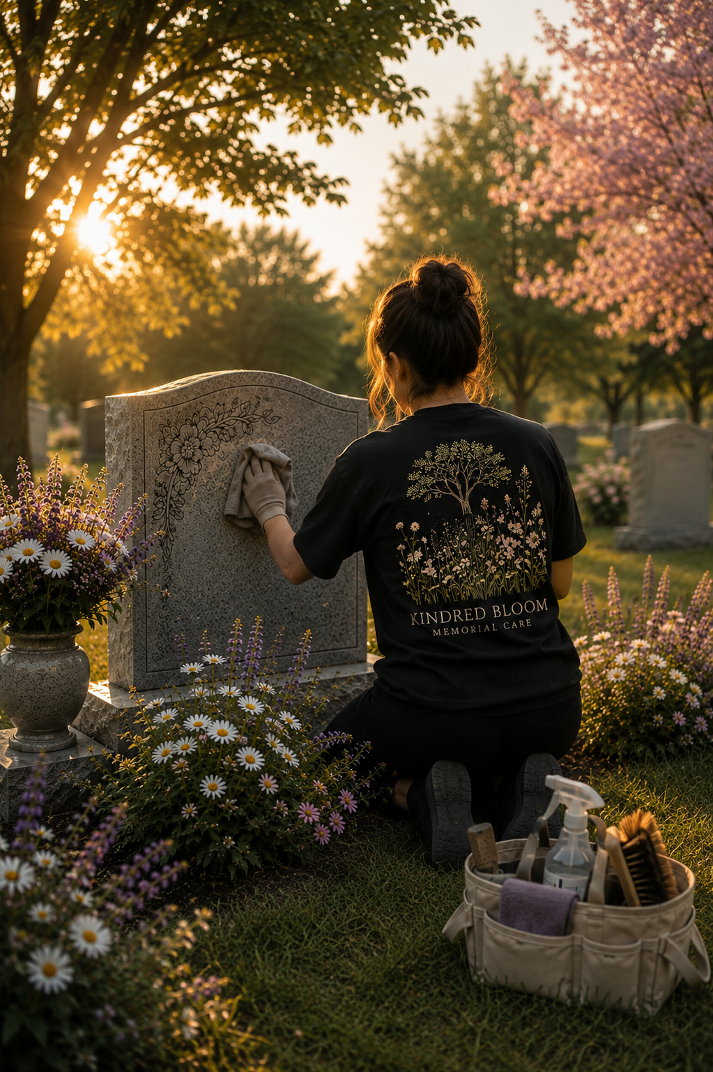 A woman kneels at a grave site in a cemetery during sunset, cleaning the gravestone with a cloth. She wears a black T-shirt with floral artwork and the words 'KINDRED BLOOM MEMORIAL CARE.' Surrounding her are potted flowers, and cleaning supplies are in a bag nearby. The background features trees and blooming flowers.
