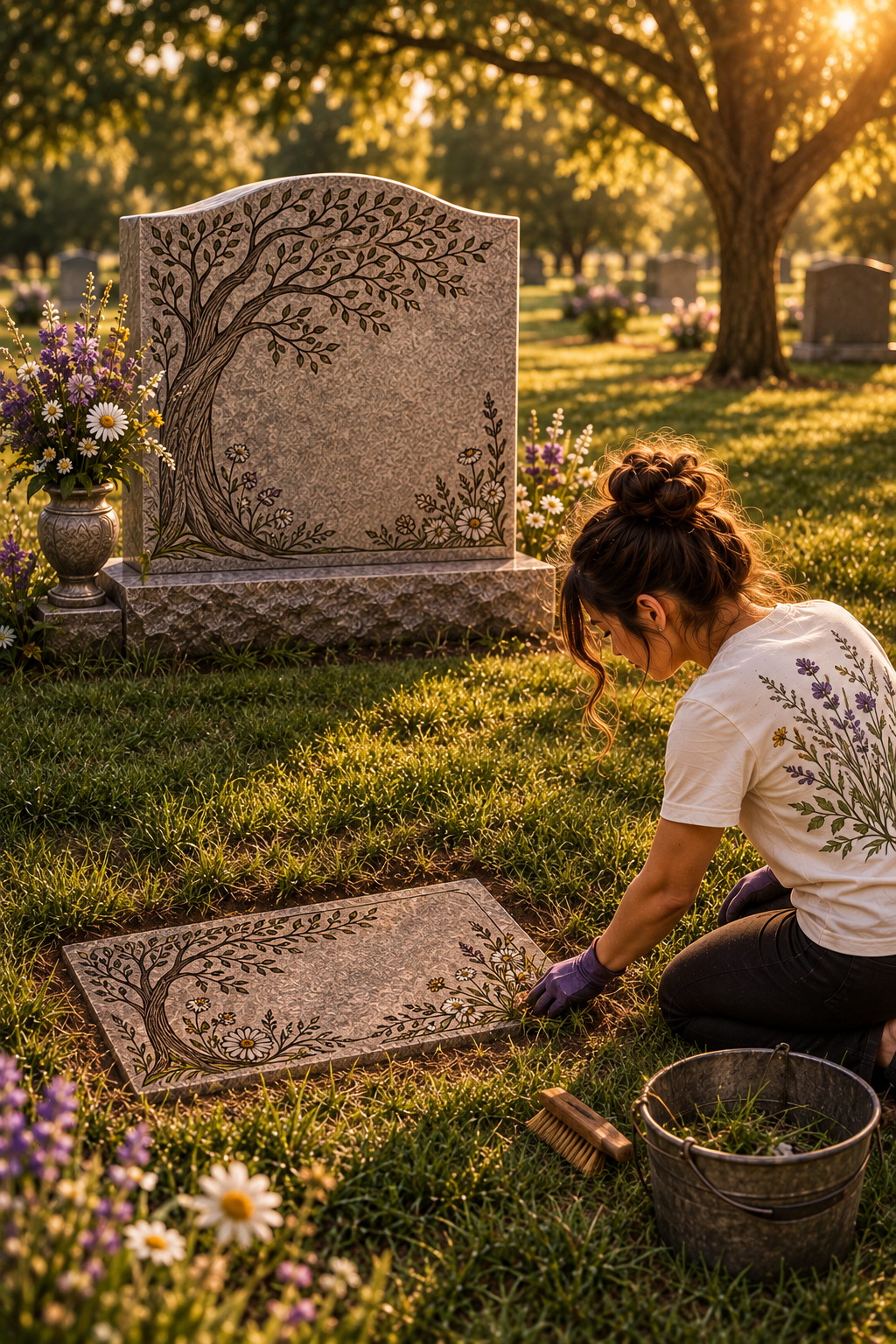 A woman kneeling on the grass at a cemetery, placing a decorated gravestone with a tree and flower design on the ground during sunset. There are flowers and headstones in the background.