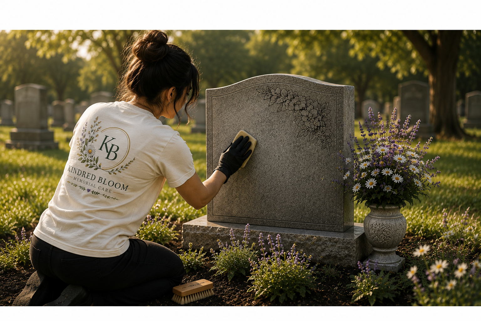 A woman cleaning a gravestone in a cemetery during sunset, wearing a white t-shirt with a floral logo and black gloves, surrounded by flowers and trees.