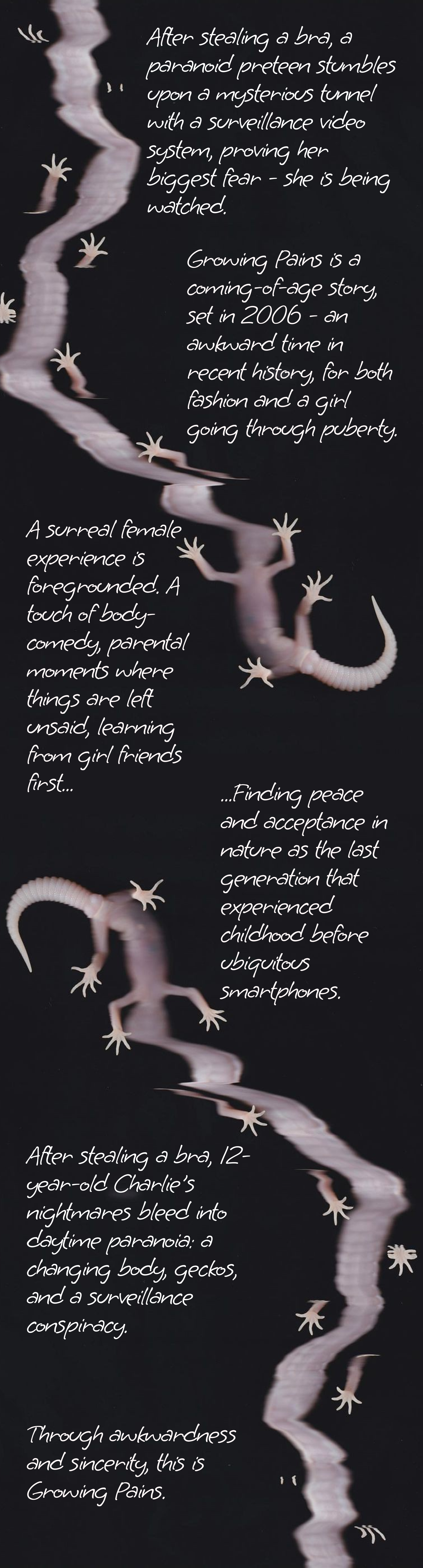 An illustrated poem featuring a light pink gecko climbing a zigzagging white line on a black background. The poem discusses themes of paranoia, growing pains, and childhood experiences with references to a paranoid woman, a girl going through puberty, and a girl named Charlie's nightmare bleed.