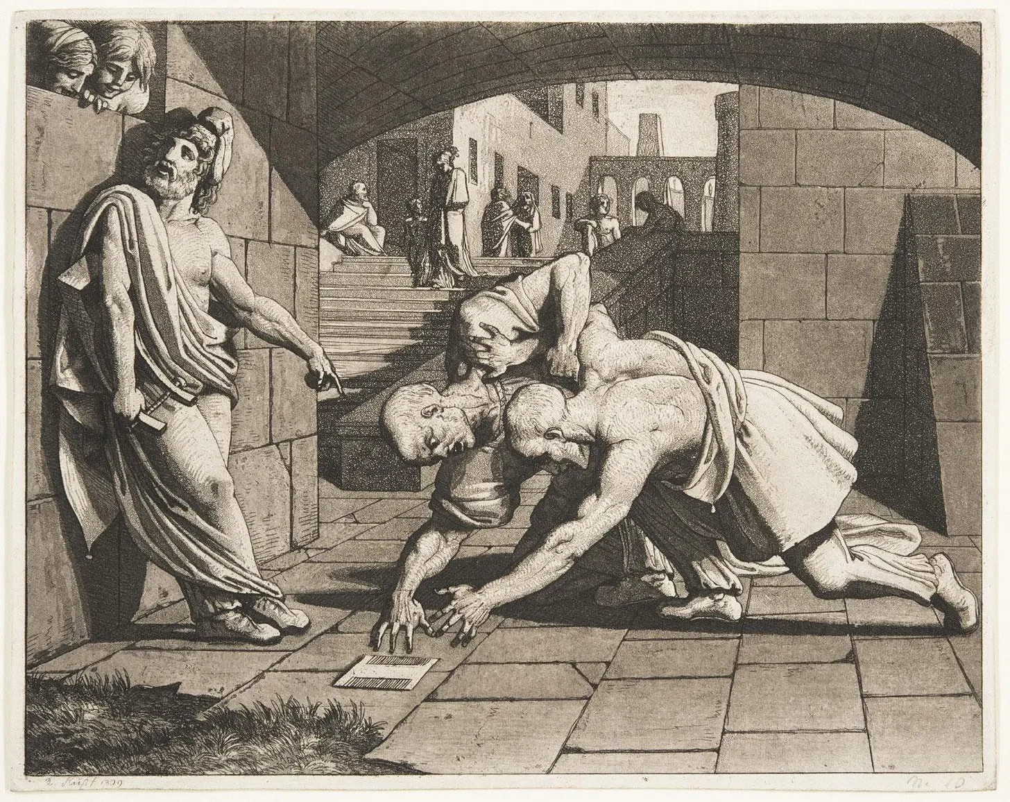 A black-and-white illustration depicting a scene of multiple men, some shirtless, engaged in an altercation on a street with stone buildings. Two men are fighting on the ground, while others look on or observe from the stairs and above. The image has a historical or classical appearance.