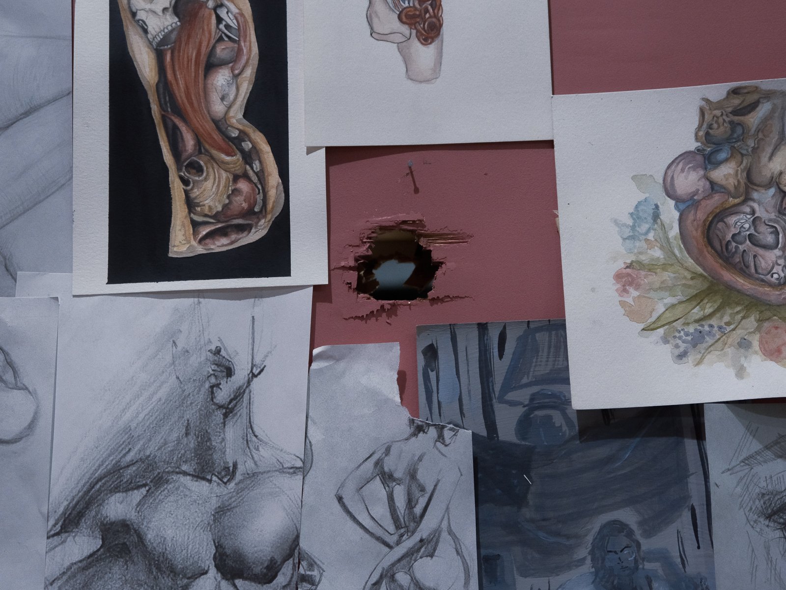 Collection of art sketches and paintings including a detailed female nude drawing in pencil, various watercolor and acrylic paintings, and anatomical sketches on different papers and canvases.