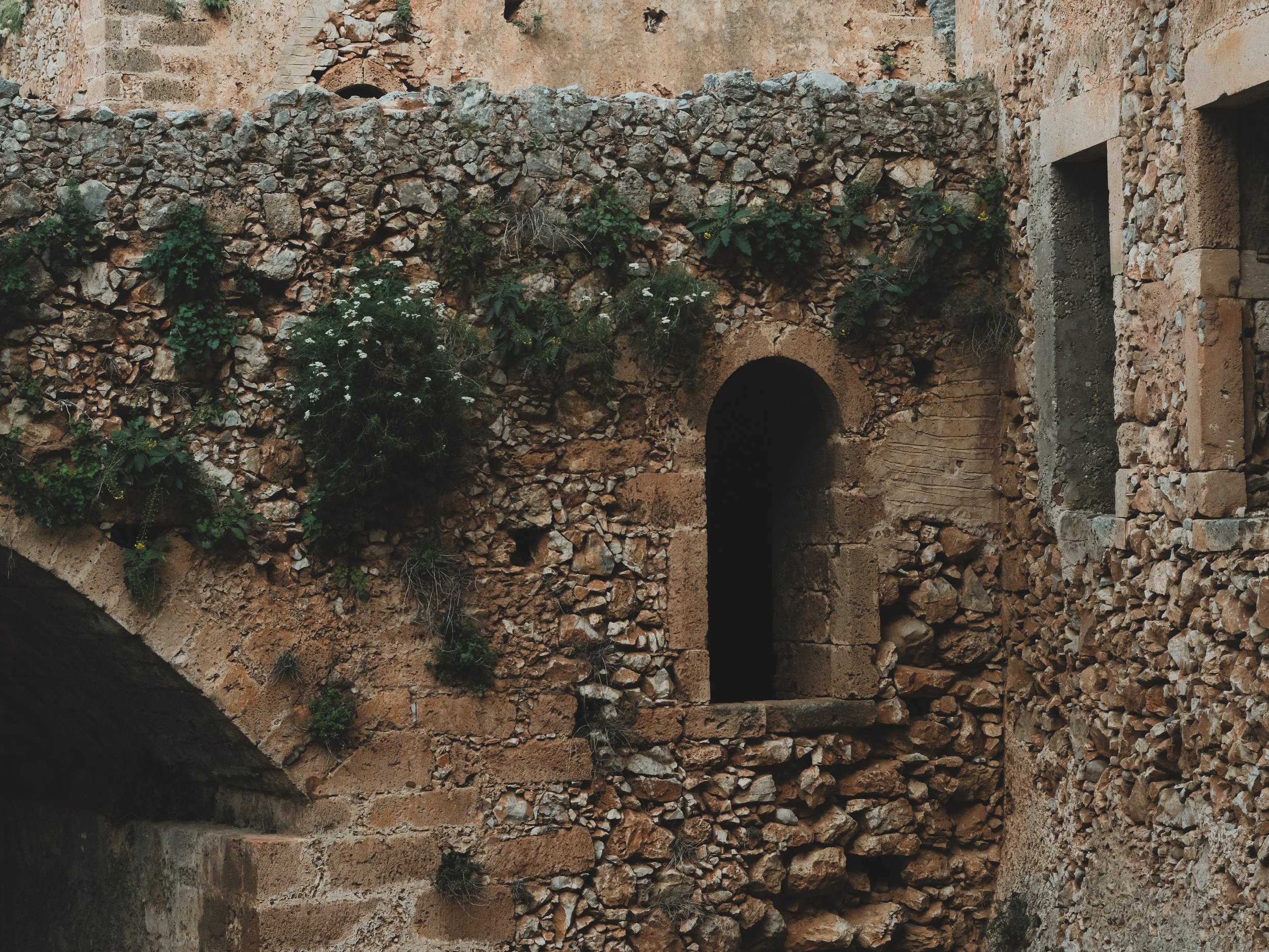Ancient stone wall with small plants growing between the rocks, and a dark arched doorway at the bottom.