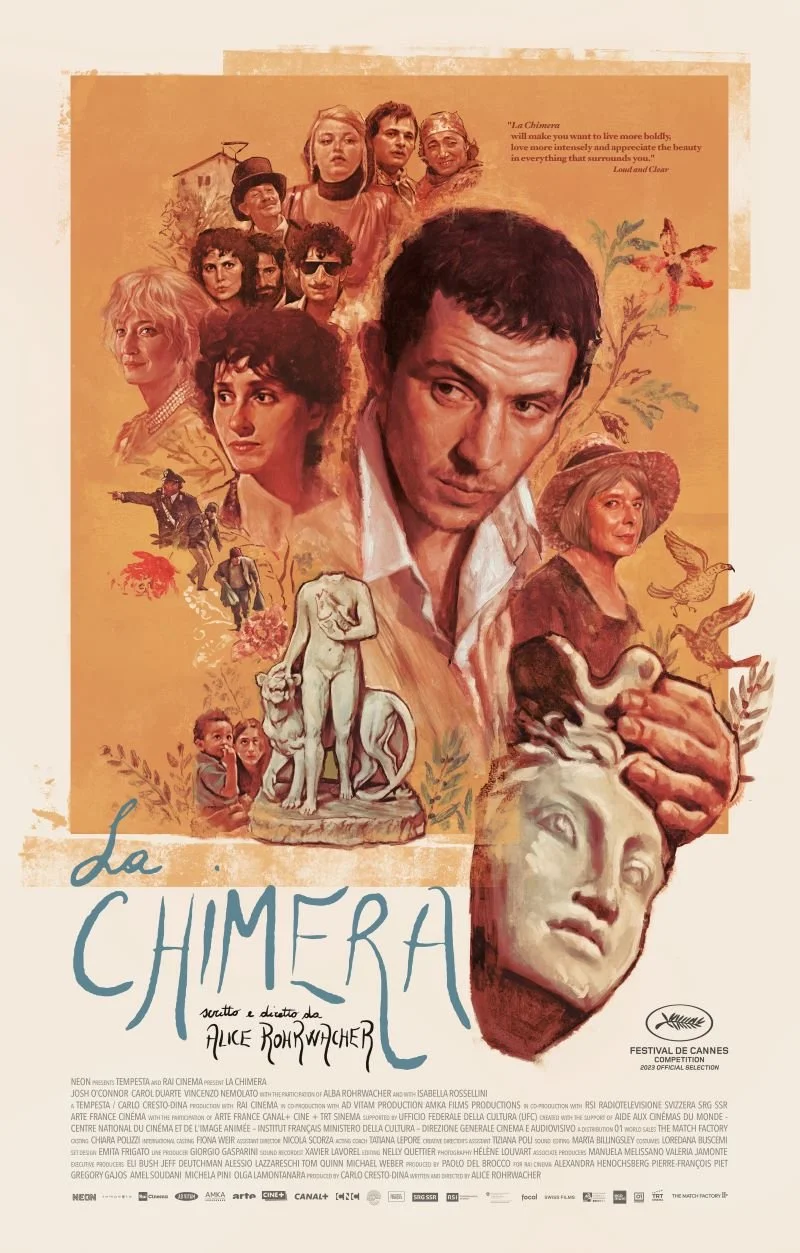 Poster for the movie 'La Chimera' featuring portraits of multiple characters, a sculpture of a lion, a woman holding a dove, and various animals and plants.