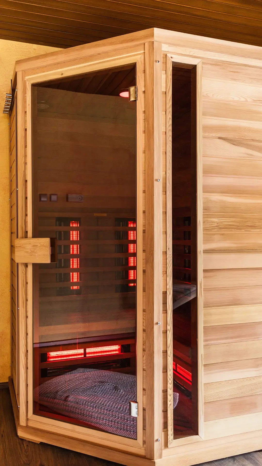 A wooden sauna room with glass door and red heating lights inside, adorned with decorative pillows on the floor.