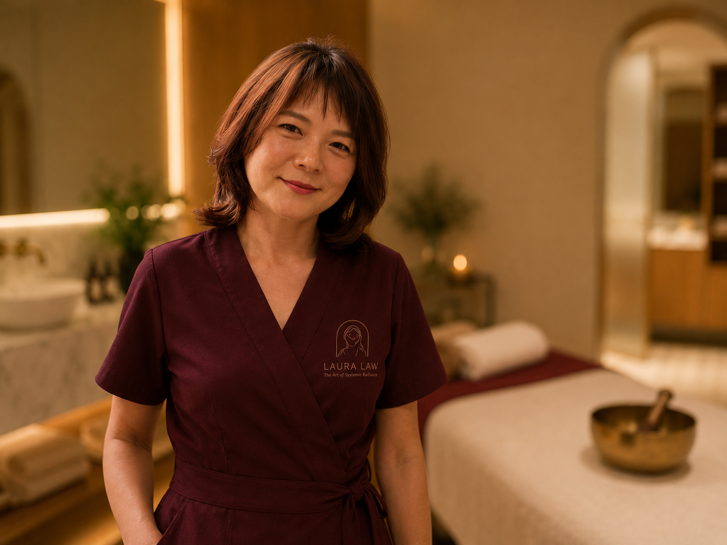 A woman with shoulder-length brown hair and a warm smile standing in a wellness or spa setting, wearing a maroon uniform with her name and the logo 'LAURA LAW The Art of Systemic Radiance' embroidered on it. The background features a massage table, a singing bowl, and calming decor.
