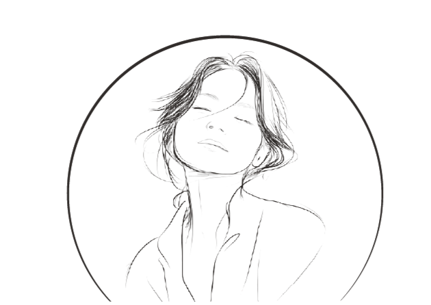Line drawing of a woman with short wavy hair, wearing an open shirt, within a circular border.