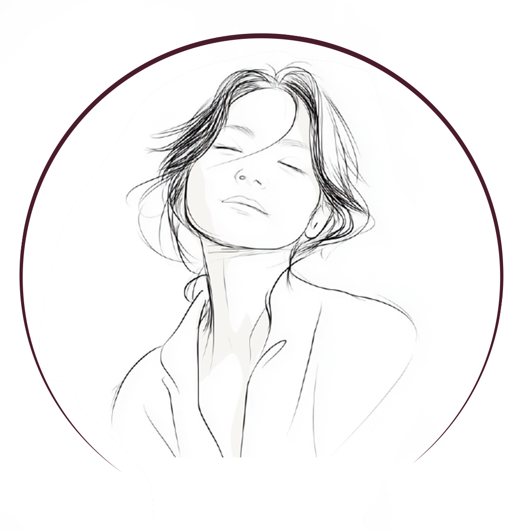 Line drawing of a woman with short, wavy hair and closed eyes, appearing peaceful.