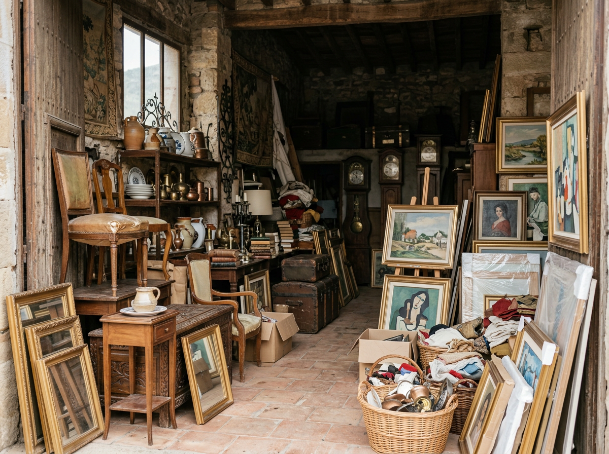 Una habitación llena de cuadros, porcelanas y objetos antiguos, con varios cuadros apilados y enmarcados, y cestas con ropa y objetos diversos, en un ambiente que parece ser una tienda de antigüedades o un almacén.