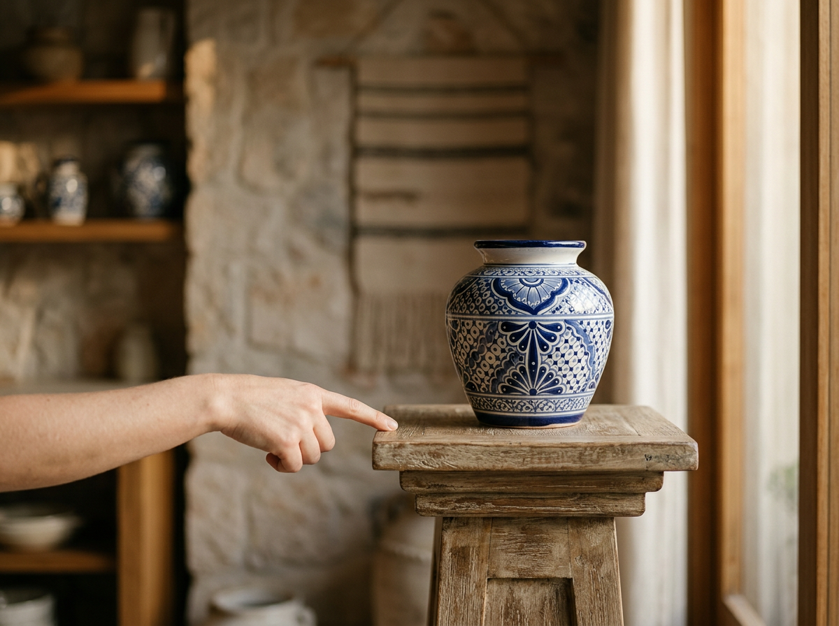 Mano señalando una vasija decorada en un pedestal de madera en una habitación con paredes de piedra y estanterías de madera con cerámicas.
