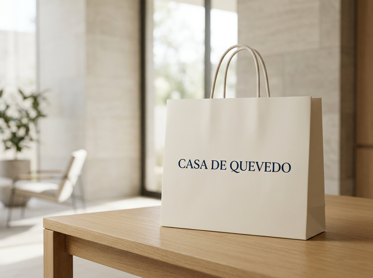 Una bolsa blanca con la inscripción 'CASA DE QUEVEDO' en letras azules sobre una mesa de madera en un ambiente interior iluminado por luz natural.