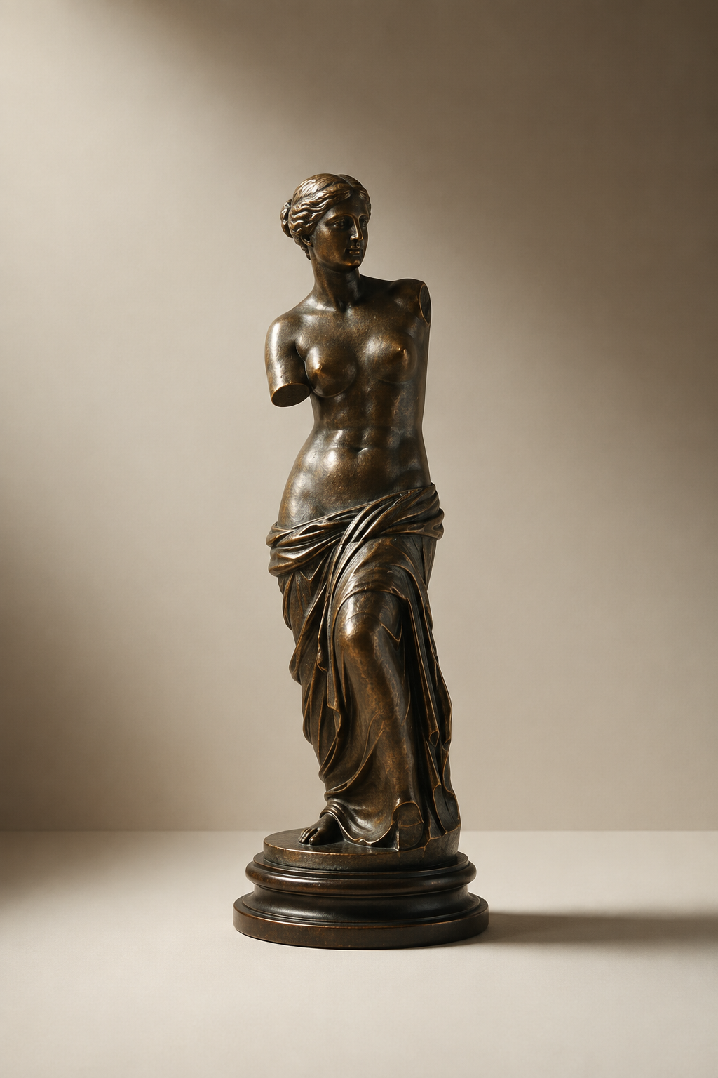 Escultura de bronce de una mujer desnuda y parcialmente cubierta con tela, estilo clásico, en un pedestal.