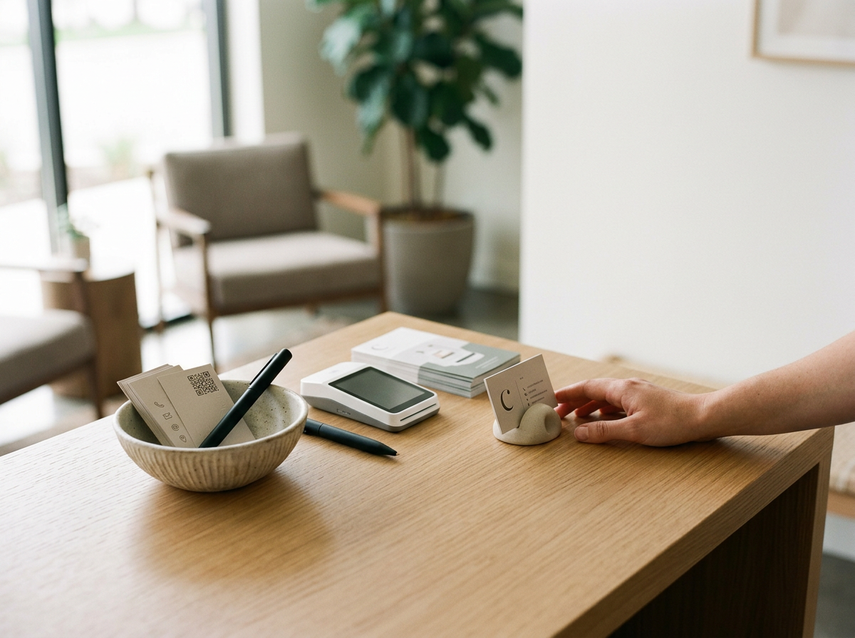 Mesa de trabajo con tarjeta de negocio en soporte, bloc de notas, bolígrafo y dispositivos electrónicos en una oficina moderna con sillas y plantas decorativas.