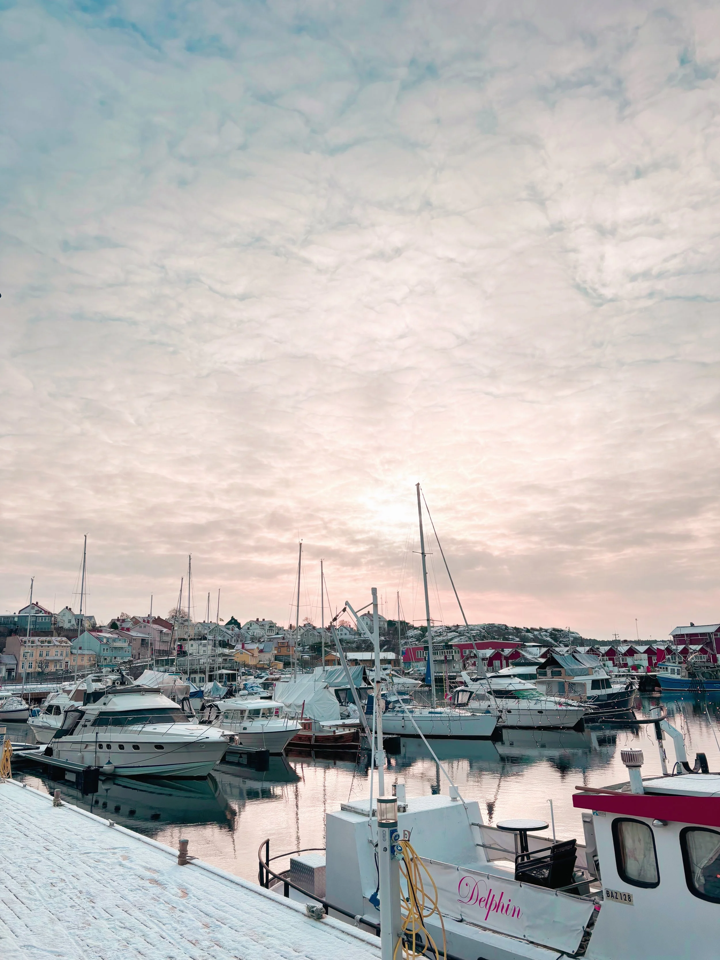 A harbor with boats docked at the marina, behind the marina are pastel-colored houses on a hillside and a cloudy sky at sunset.