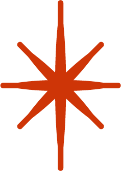 A red starburst or snowflake-shaped icon on a white background