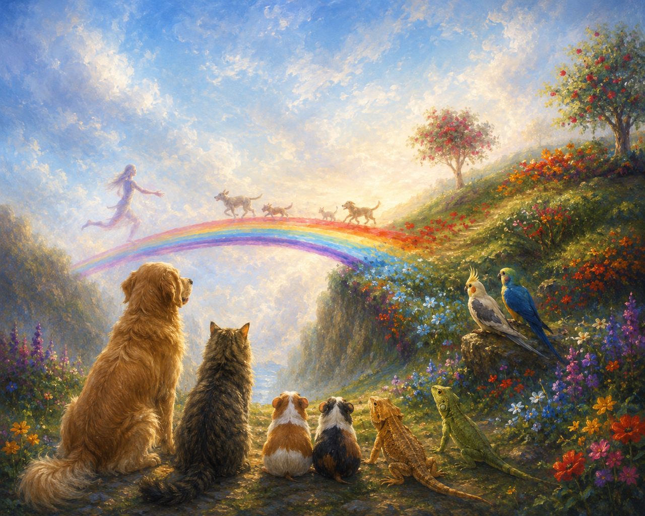 A colorful fantasy scene with dogs, cats, birds, and reptiles watching a fairy and dogs crossing a rainbow bridge in a vibrant, flower-filled landscape with trees and a bright sky.